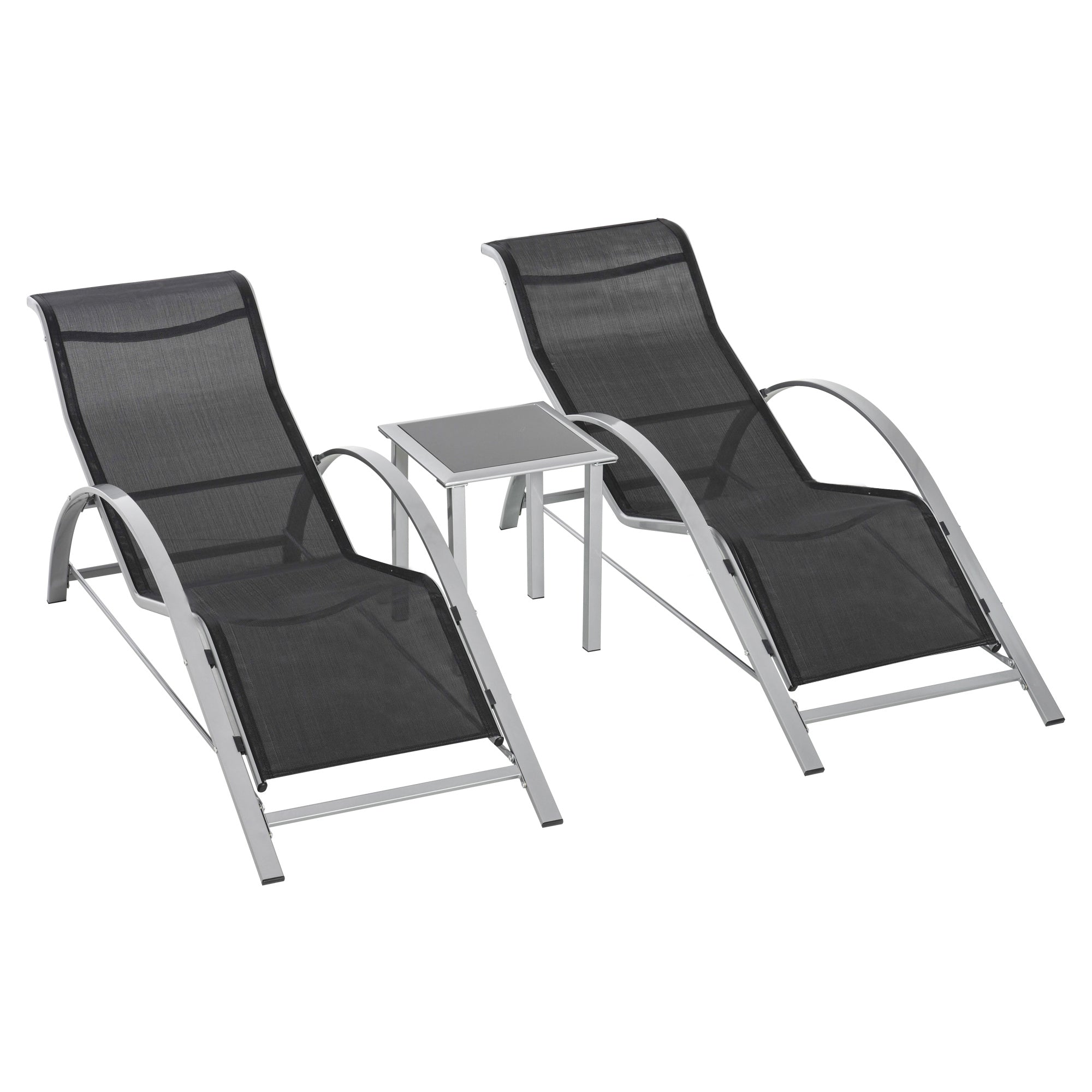 Garden Sun Lounger Set Metal Mesh 3-Piece Sun Lounger with Tea Table Garden Furniture Set with 2 Sun Loungers, 1 Side Table Patio Seating Group for Garden, Balcony 59W x 169D x 66H cm Black+Silver