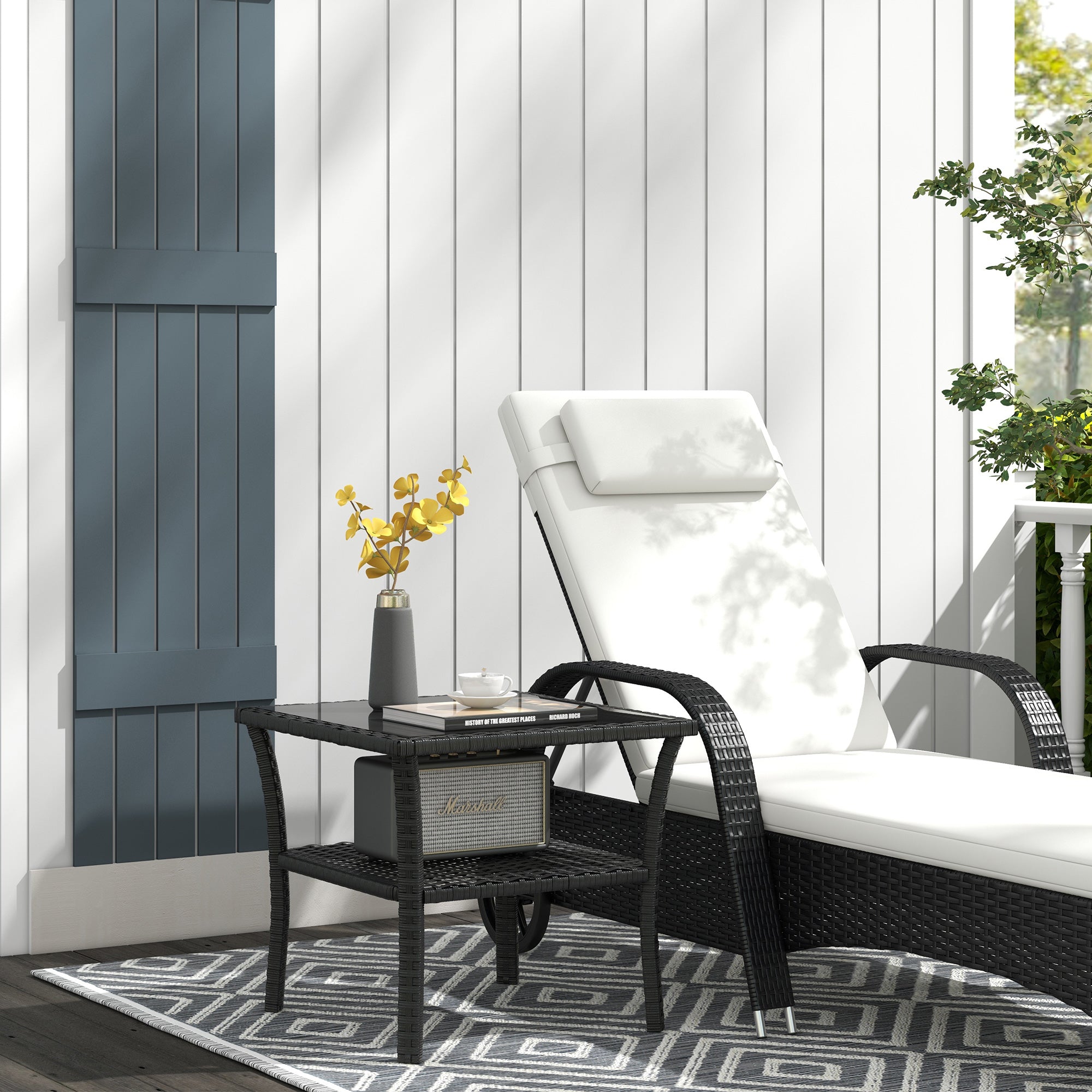 Outdoor PE Rattan Patio Table, 50 x 50 x 45 cm (19.7 x 19.7 x 17.7 in) – Weather-Resistant Square Bistro Table with Shelf & Tempered Glass Top, Seats 4, Black