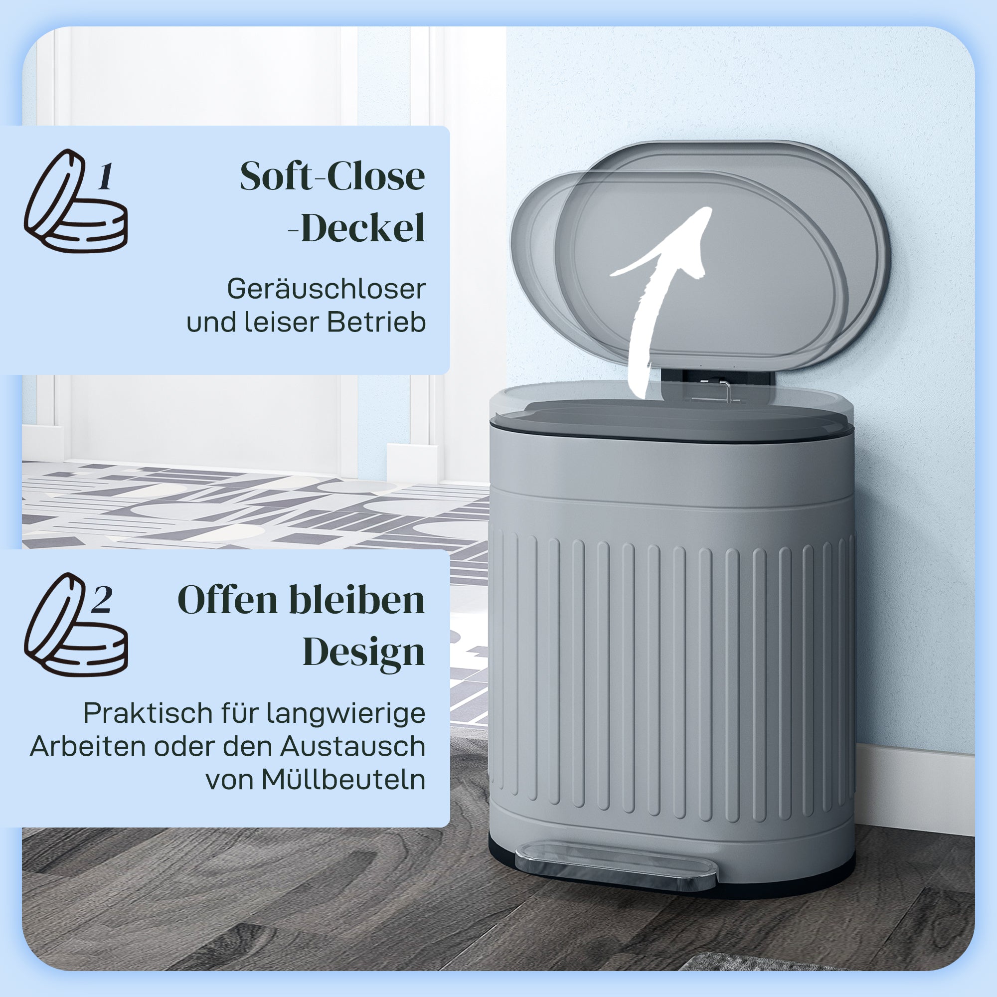 20L Step Trash Can with Lid and Foot Pedal, Removable Inner Bucket, Soft-Close, Gray (36.5 × 31.2 × 45 cm / 14.4 × 12.3 × 17.7 in)