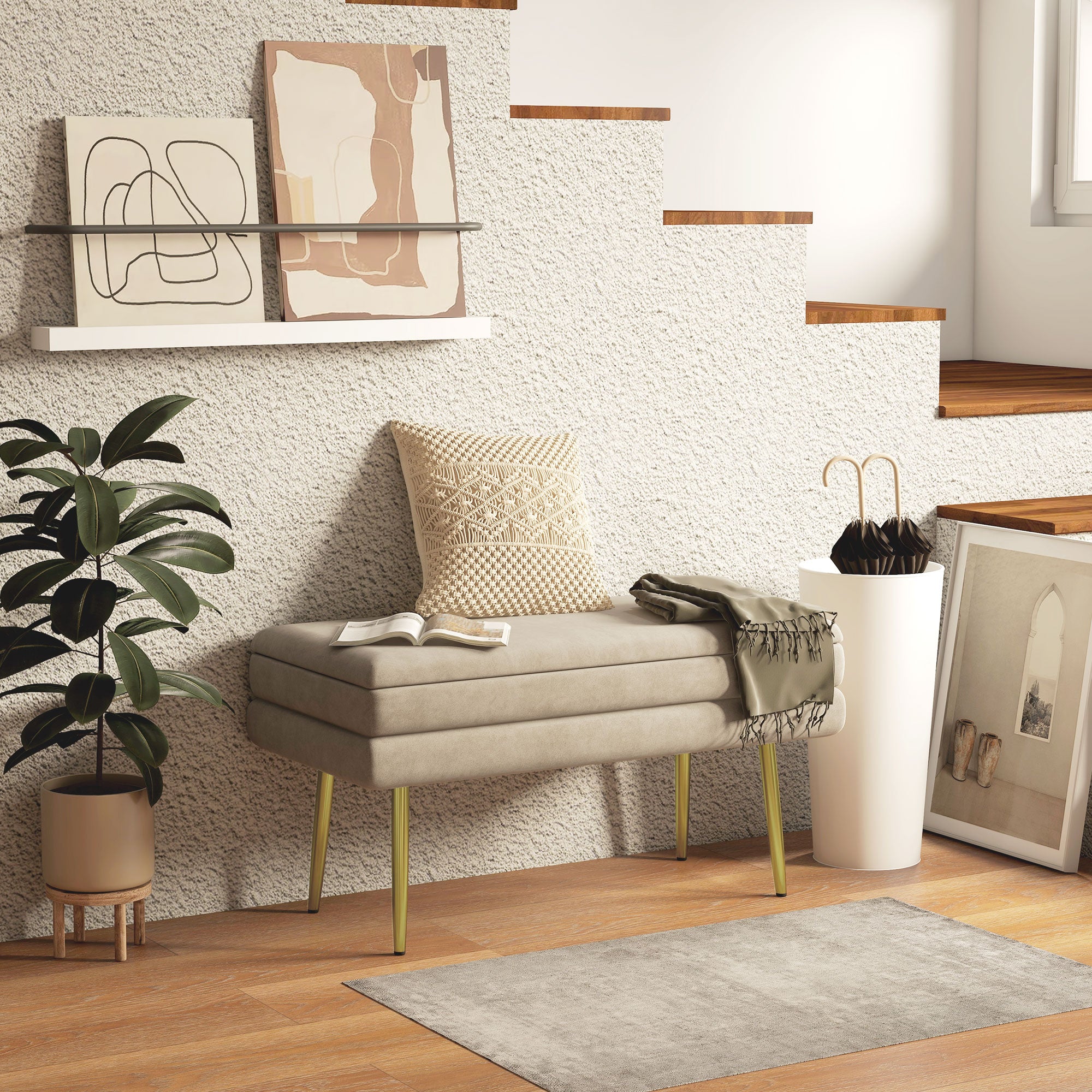 Padded Bench with Storage, Velvet Look, Bed Bench with Steel Legs, Shoe Bench, Storage Bench for Living Room, Bedroom, Beige, 79.5 x 37.5 x 43 cm