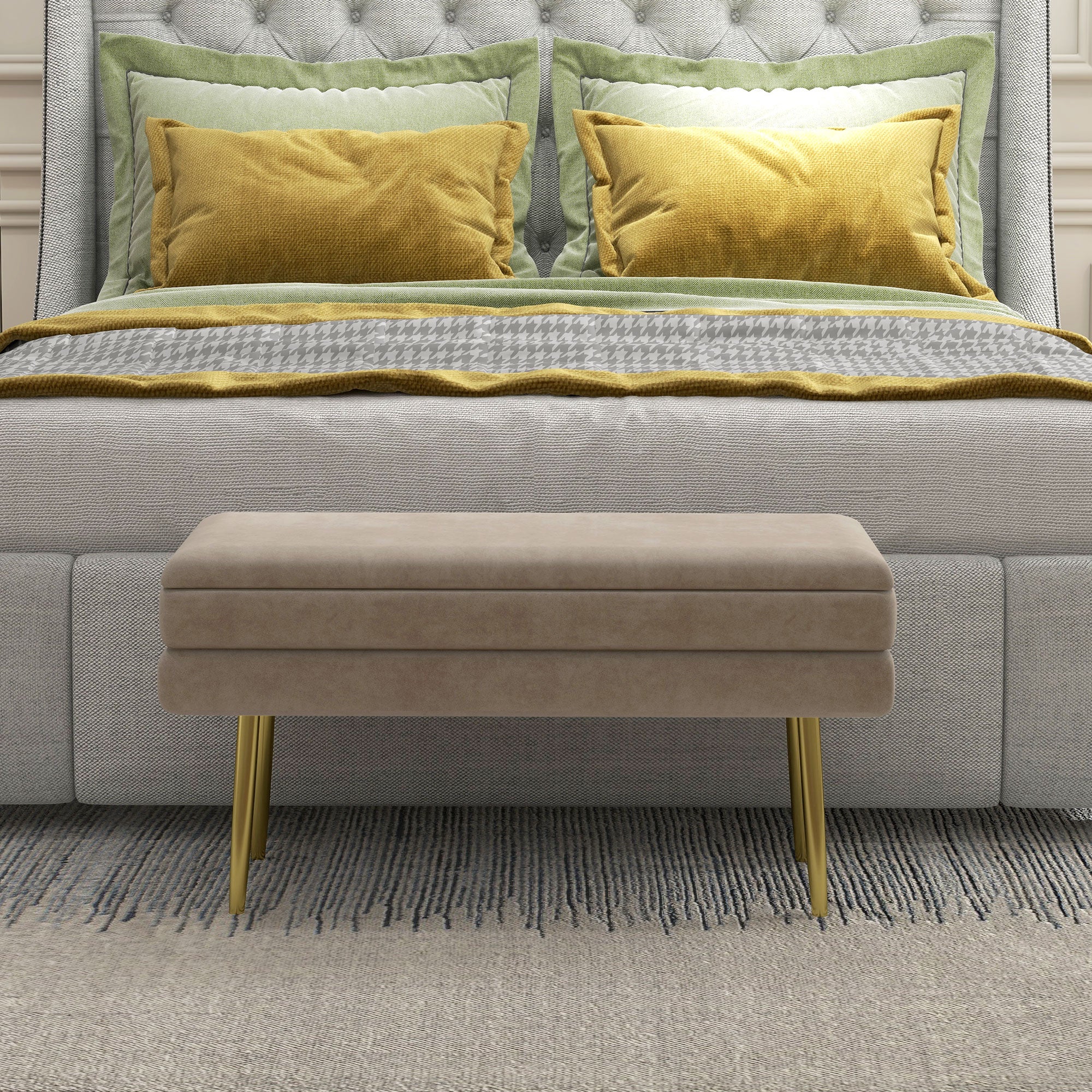 Padded Bench with Storage, Velvet Look, Bed Bench with Steel Legs, Shoe Bench, Storage Bench for Living Room, Bedroom, Beige, 79.5 x 37.5 x 43 cm