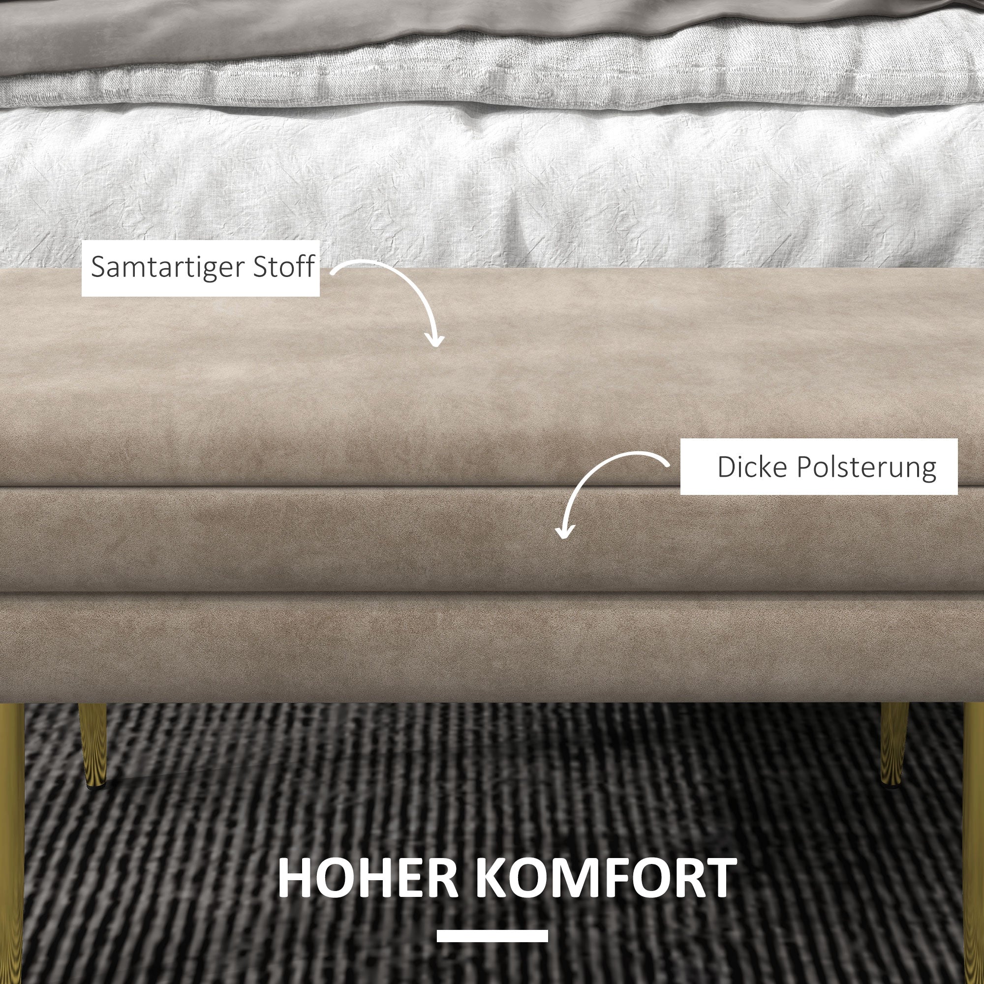 Padded Bench with Storage, Velvet Look, Bed Bench with Steel Legs, Shoe Bench, Storage Bench for Living Room, Bedroom, Beige, 79.5 x 37.5 x 43 cm