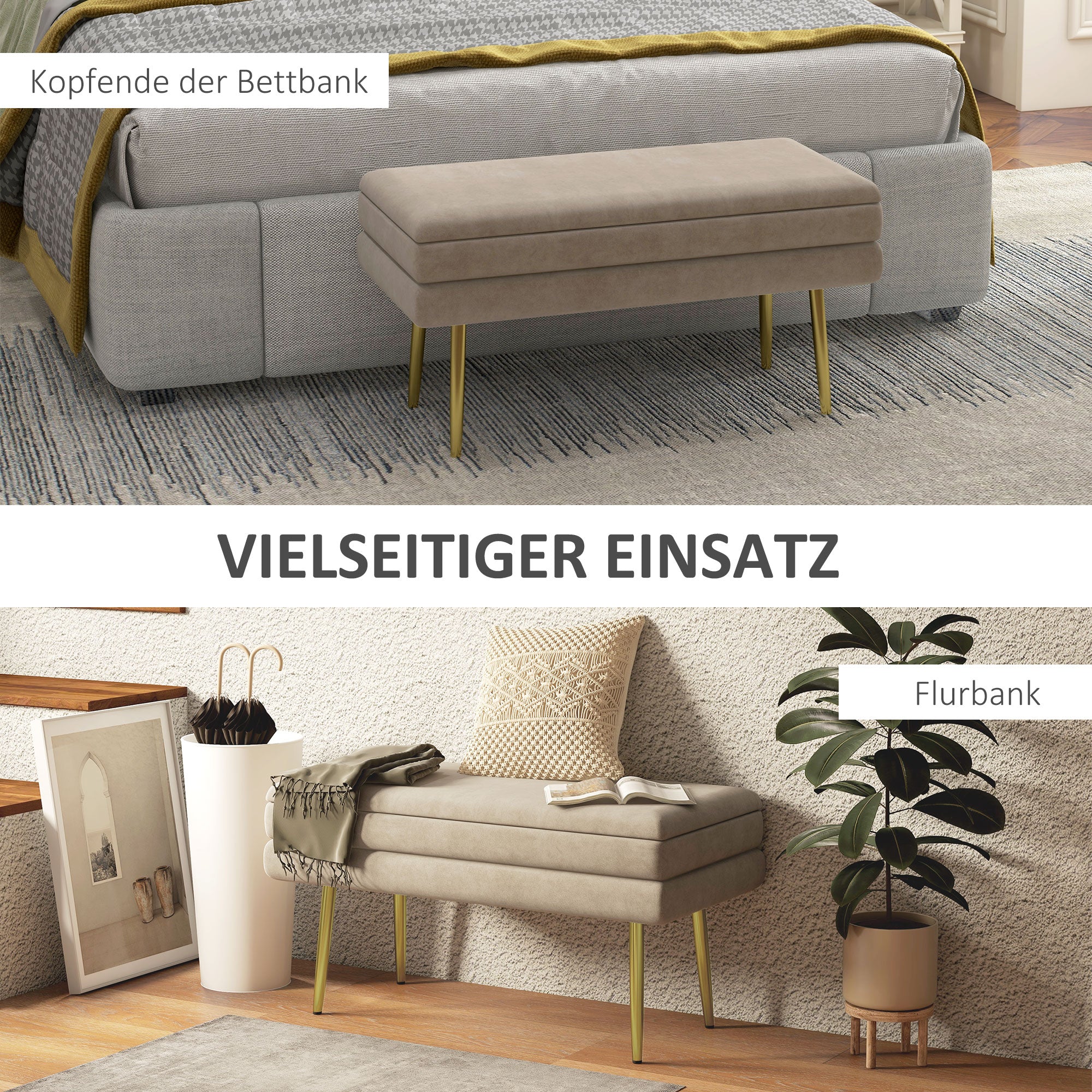 Padded Bench with Storage, Velvet Look, Bed Bench with Steel Legs, Shoe Bench, Storage Bench for Living Room, Bedroom, Beige, 79.5 x 37.5 x 43 cm