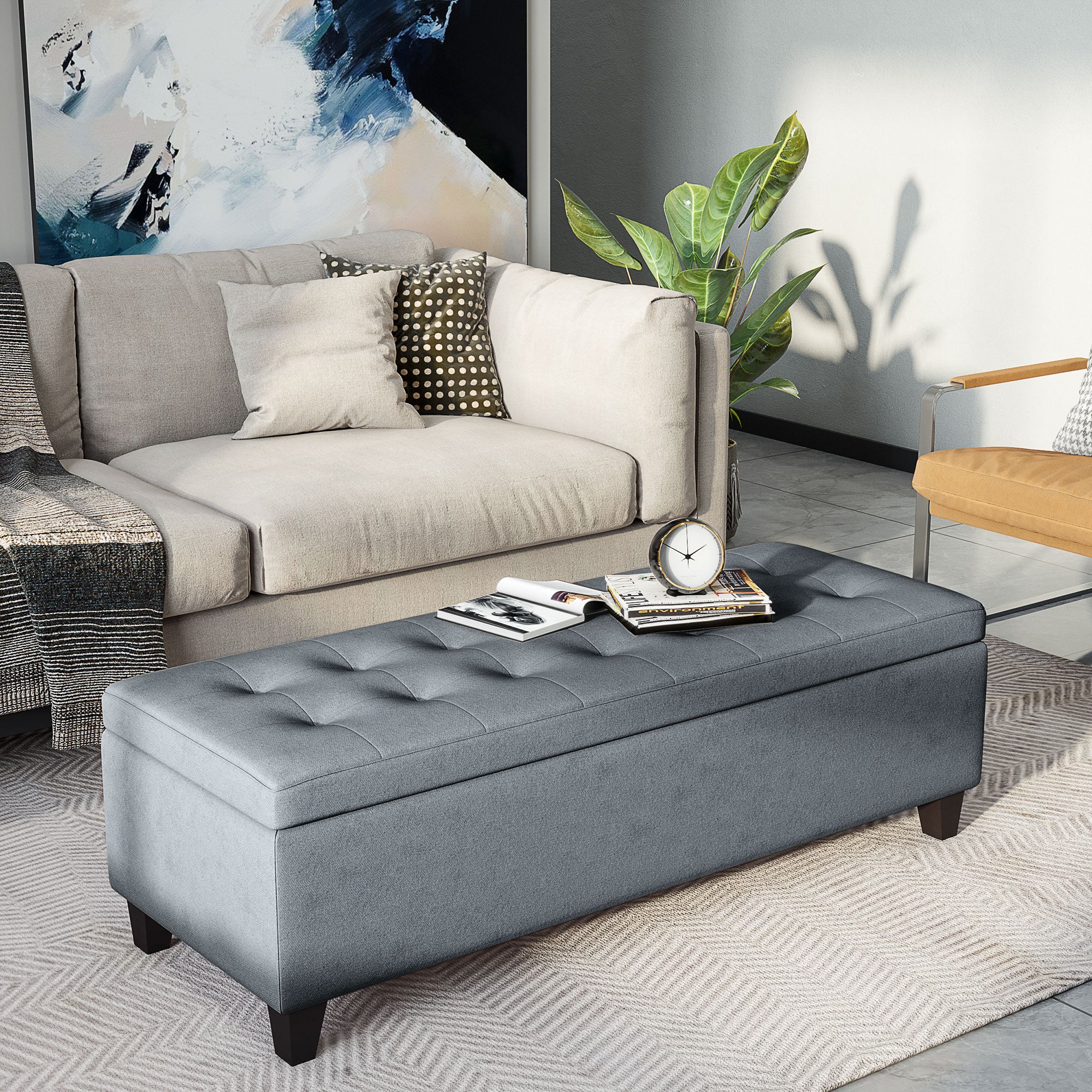 Bench, Upholstered Bench with Storage, Bed Bench with Lid, Linen Look, Chest Bench, Storage Bench for Living Room, Bedroom, Gray, 125 x 49 x 41.5 cm