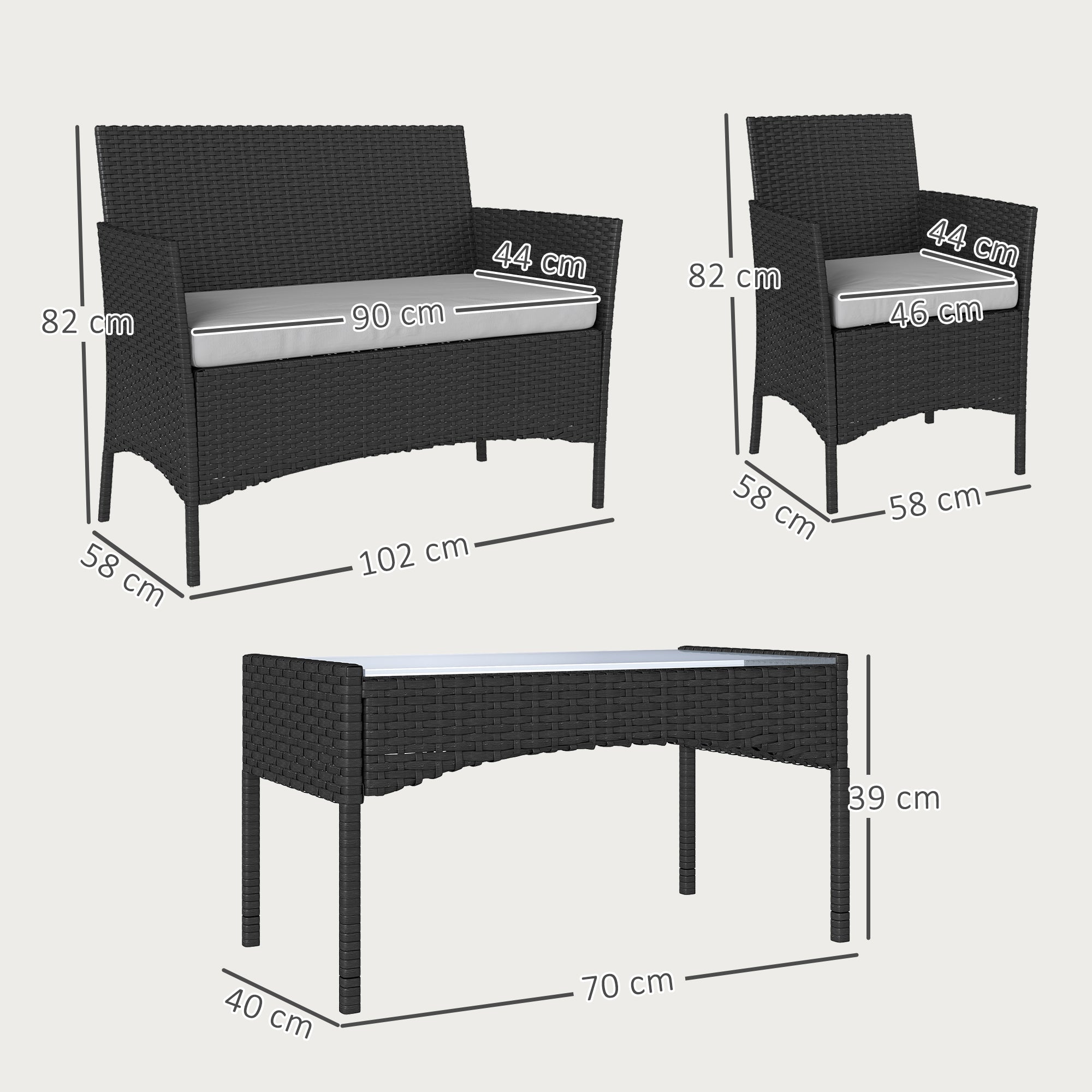 Outdoor Garden Furniture 4-seater, balcony furniture in resin wicker with sofas and tempered glass coffee table, removable cushions included, for patio balcony terrace, gray