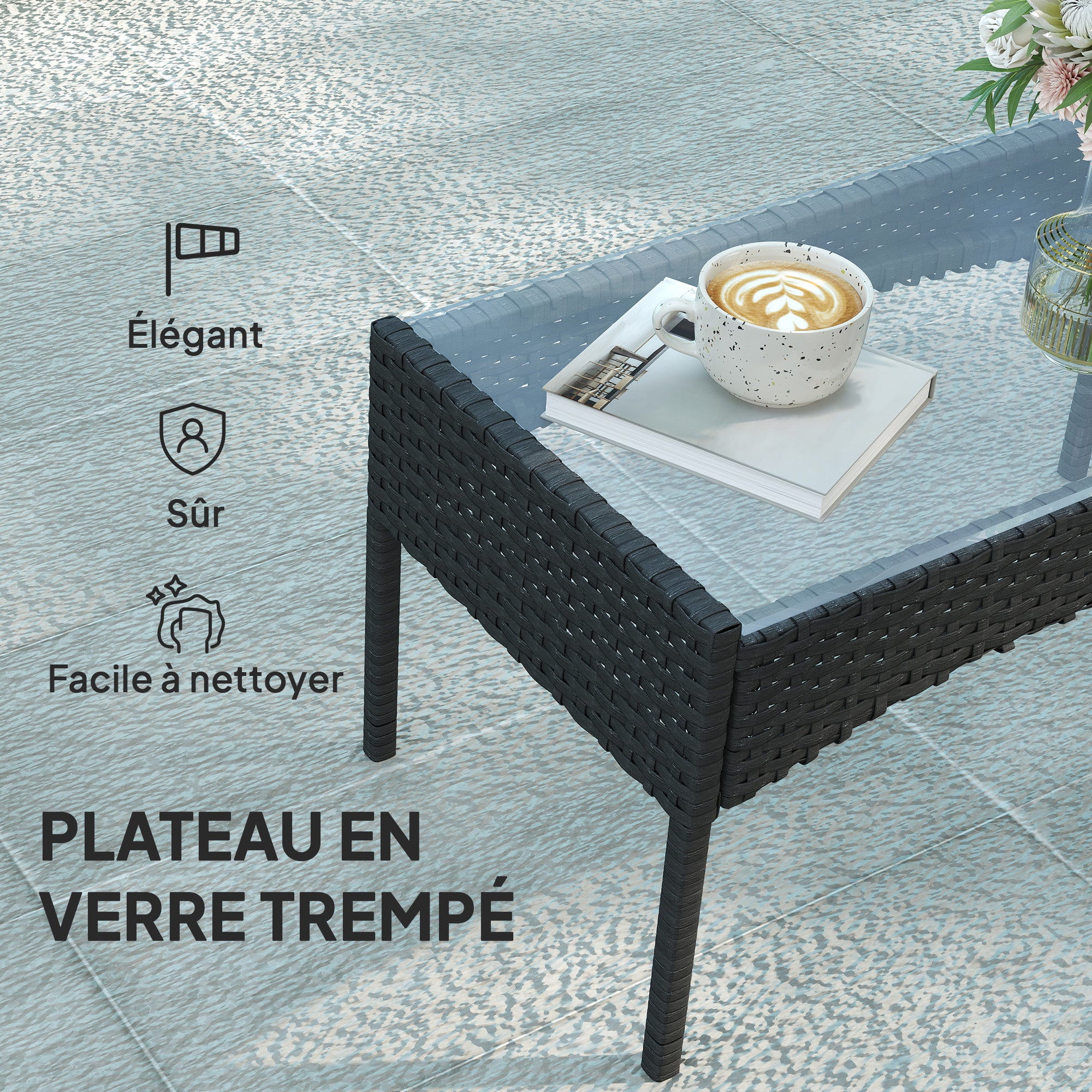 Outdoor Garden Furniture 4-seater, balcony furniture in resin wicker with sofas and tempered glass coffee table, removable cushions included, for patio balcony terrace, gray