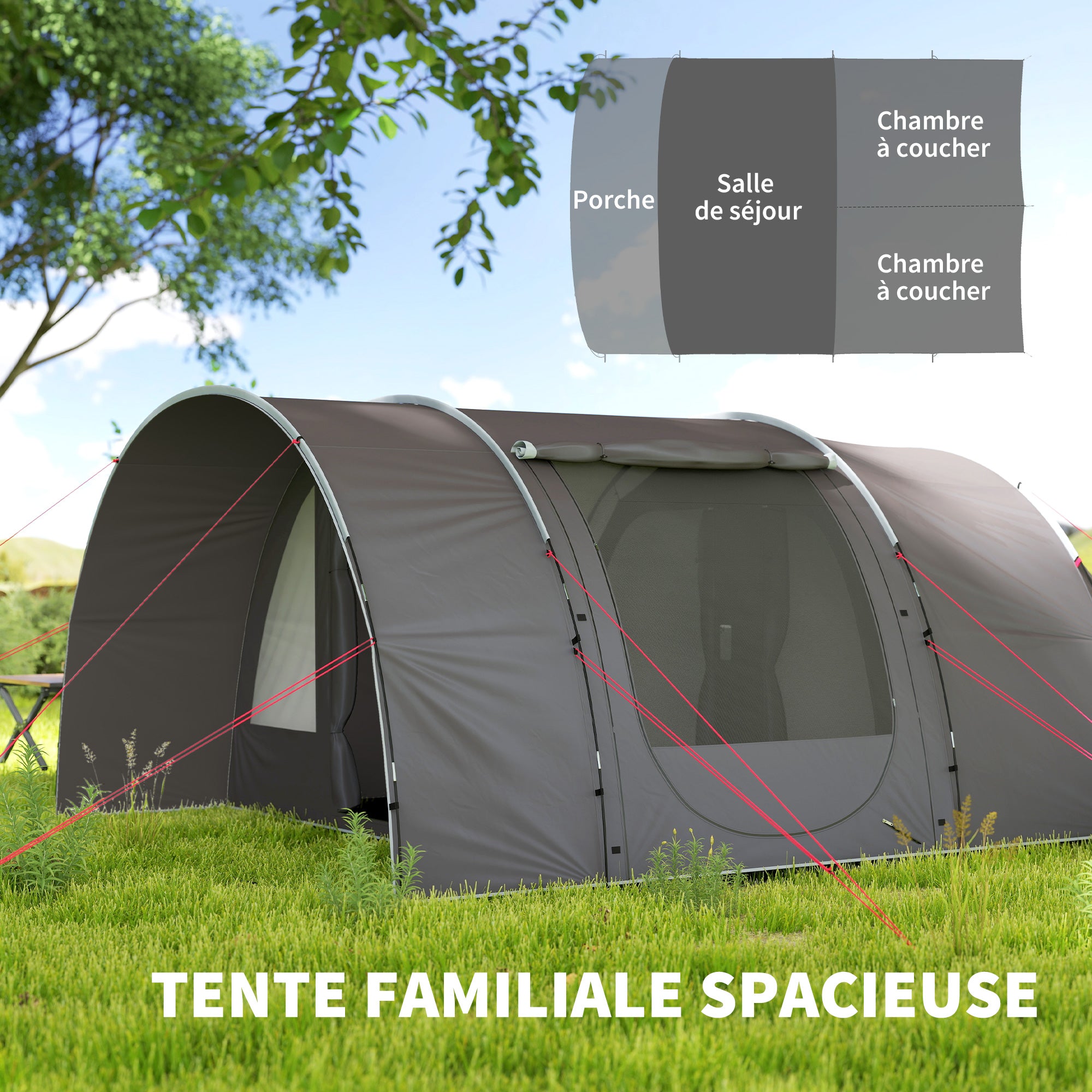 Camping Tent with Porch for 4-6 People, Lightweight Ventilated Waterproof Family Tunnel Tent 5,000mm Easy Setup, Carry Bag and Mat Included, for Hiking Trekking, Gray
