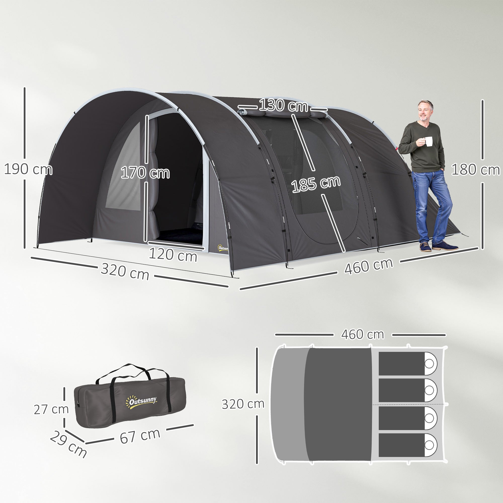 Camping Tent with Porch for 4-6 People, Lightweight Ventilated Waterproof Family Tunnel Tent 5,000mm Easy Setup, Carry Bag and Mat Included, for Hiking Trekking, Gray