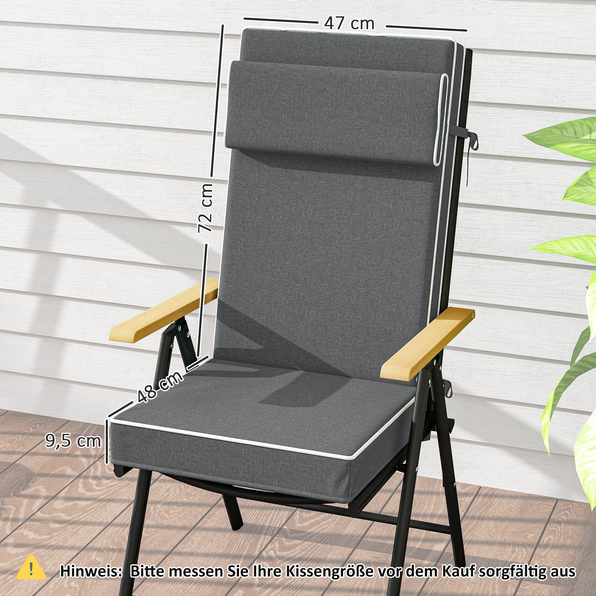 Seat Cushion 120 x 47 x 9.5 cm Water-Repellent Chair Cushion with Straps, Headrest, UPF50+ Outdoor Indoor Seat Pad, Seat Pillow for Folding Chair, Dining Chair, Dark Gray