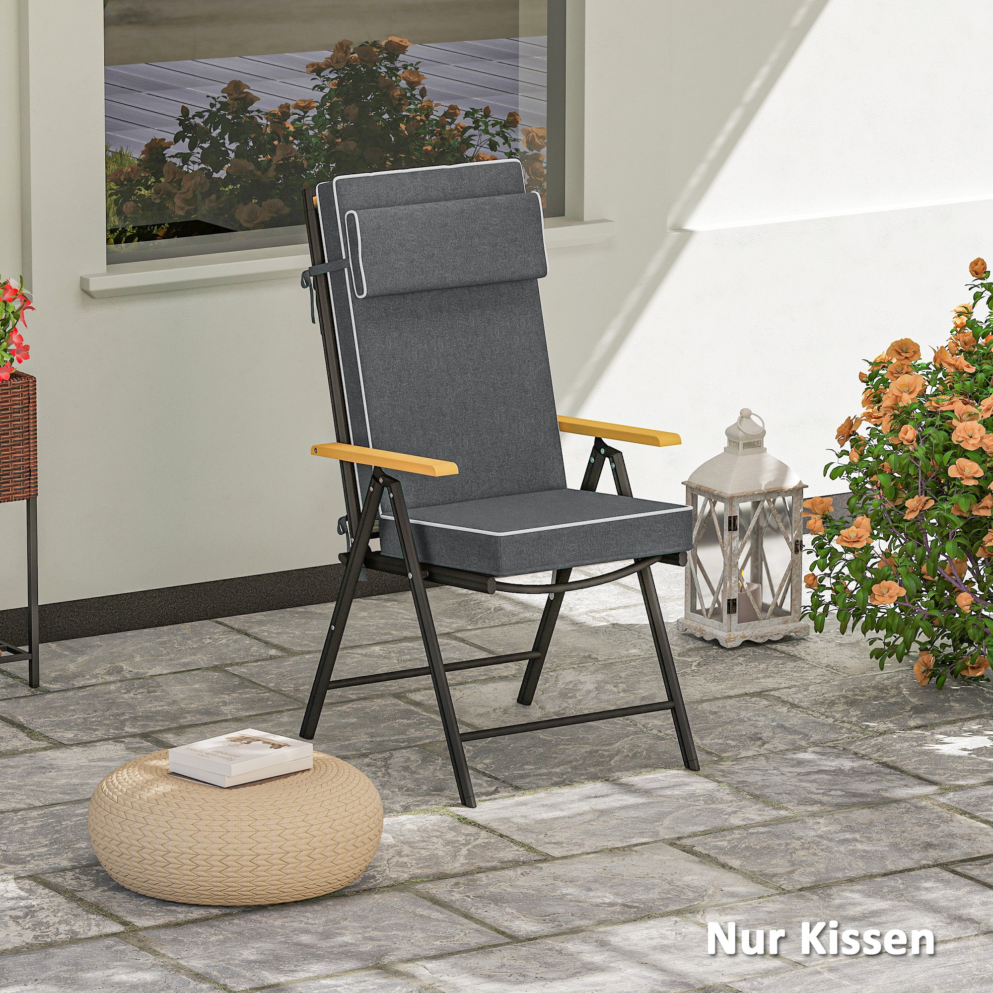 Seat Cushion 120 x 47 x 9.5 cm Water-Repellent Chair Cushion with Straps, Headrest, UPF50+ Outdoor Indoor Seat Pad, Seat Pillow for Folding Chair, Dining Chair, Dark Gray