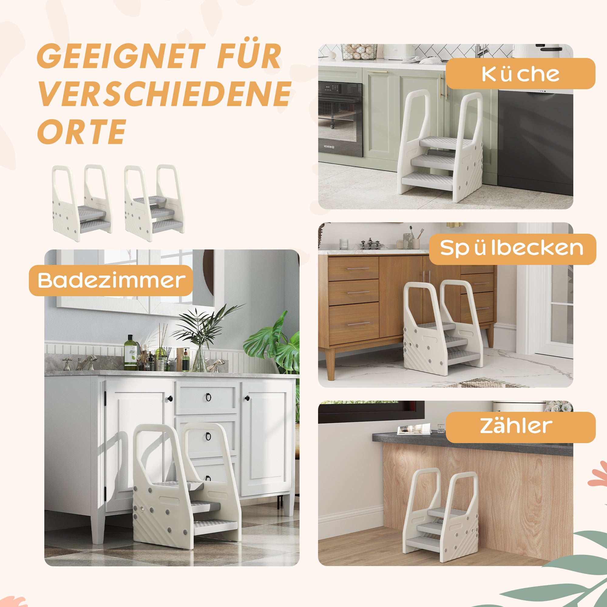 Step Stool with 3 Steps, Children's Stool Height Adjustable for Bathroom, Step Stool with Anti-Slip, Step Stool for Kids 2-5 Years, up to 30 kg Capacity, for Bathroom, Kitchen, Nursery, Gray