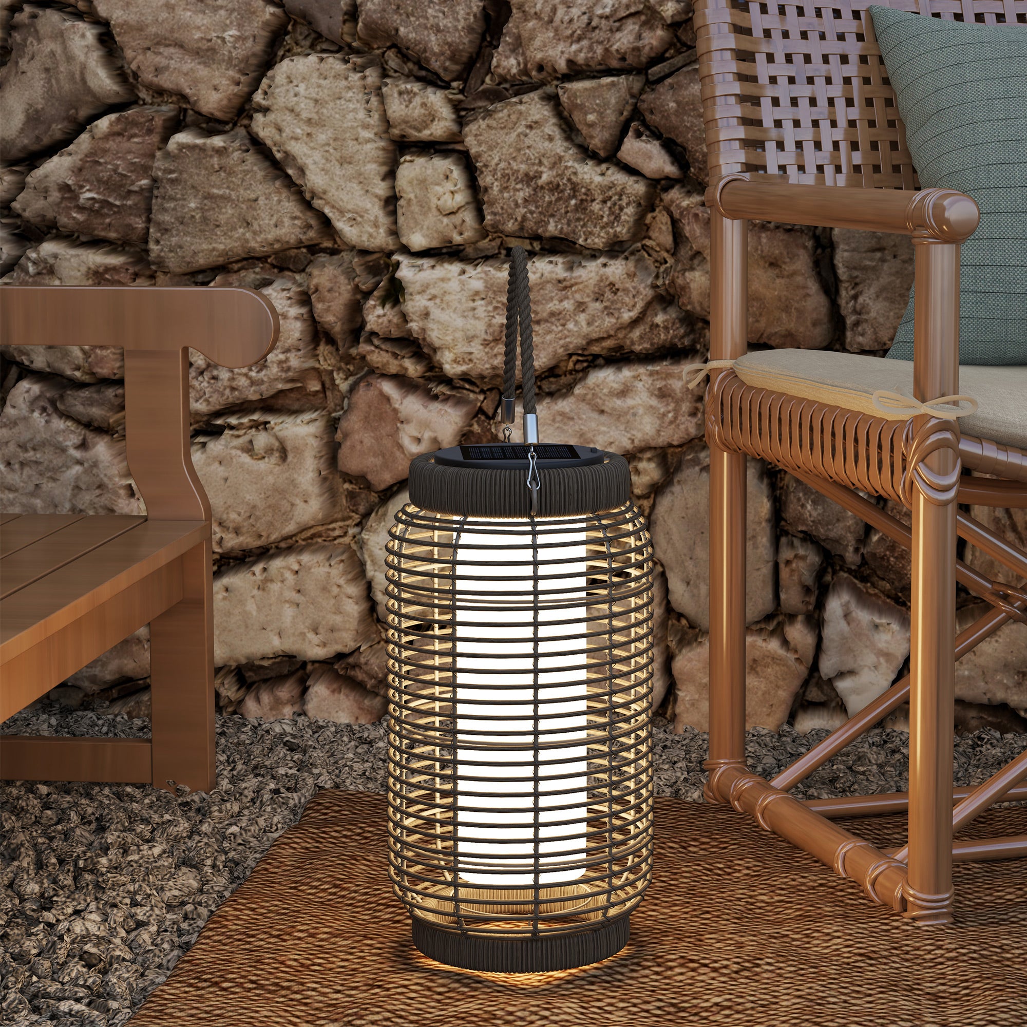 Solar Outdoor Lamp Garden Floor Lamp with PE Wicker Resin LED Garden Light Steel Automatic On/Off Switch Ø18 x 37 cm Grey