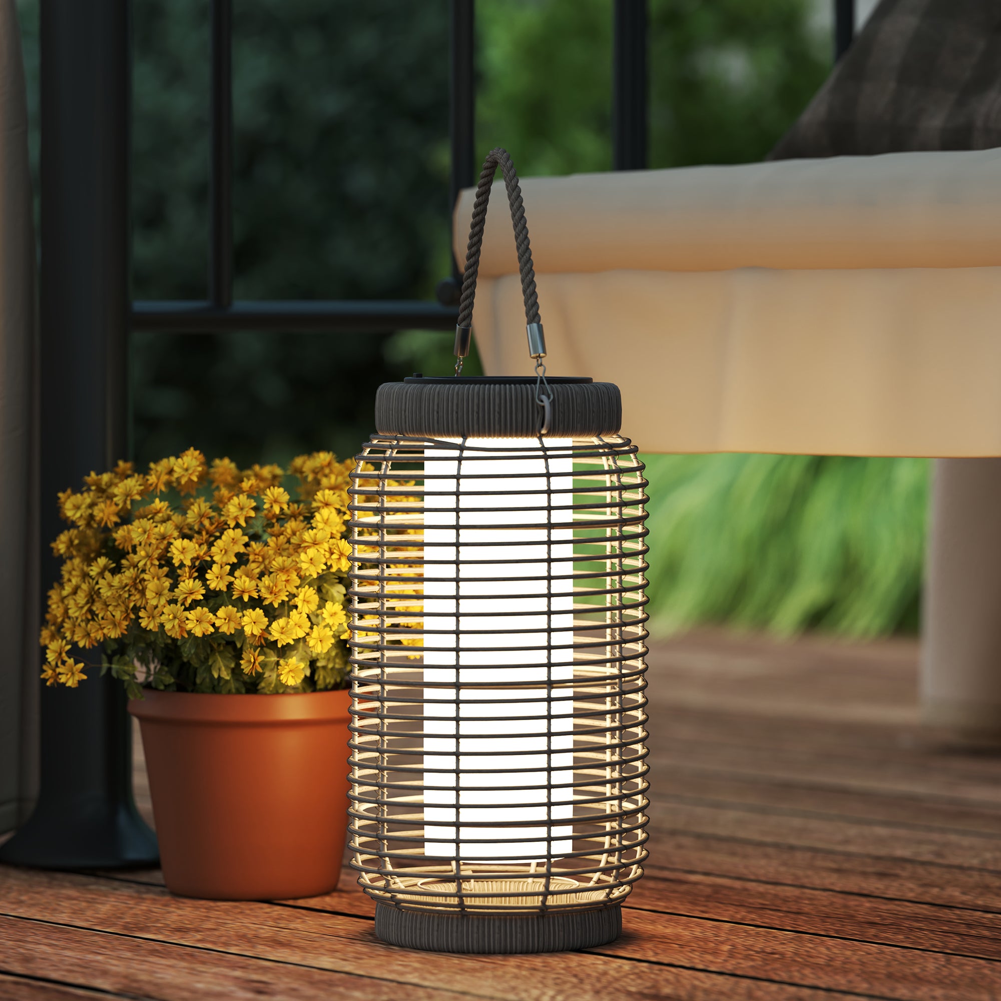 Solar Outdoor Lamp Garden Floor Lamp with PE Wicker Resin LED Garden Light Steel Automatic On/Off Switch Ø18 x 37 cm Grey