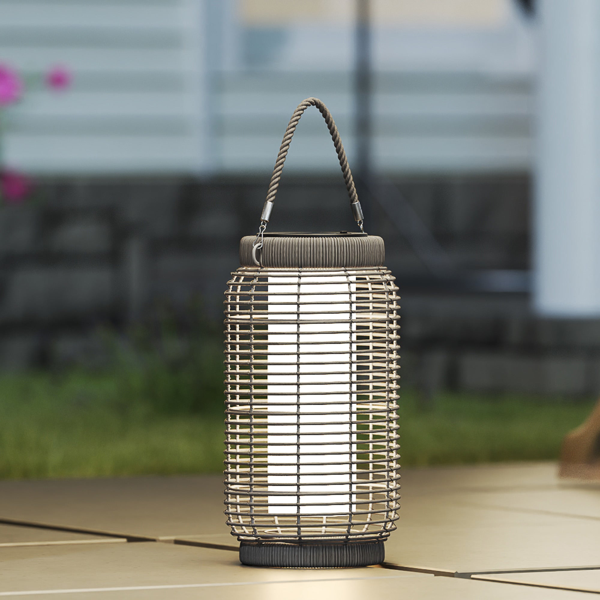 Solar Outdoor Lamp Garden Floor Lamp with PE Wicker Resin LED Garden Light Steel Automatic On/Off Switch Ø18 x 37 cm Grey
