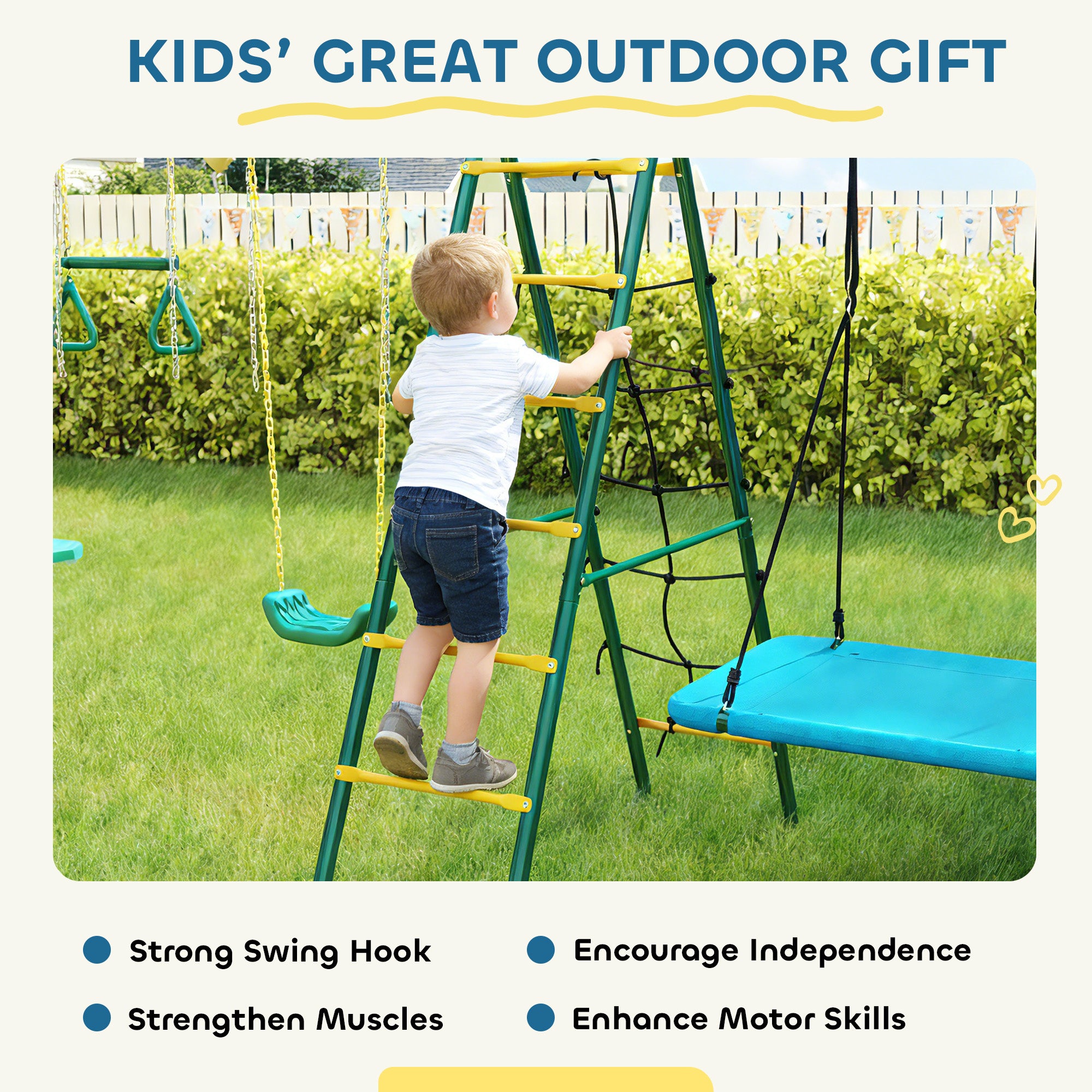 5-in-1 Kids Swing Set — Steel A-Frame (up to 771 lb) with Adjustable Nest Swing, Gym Rings, Double Seat & Climbing Frame, for Ages 3–8 — 440 x 175 x 203 cm (14'5" x 5'9" x 6'8")