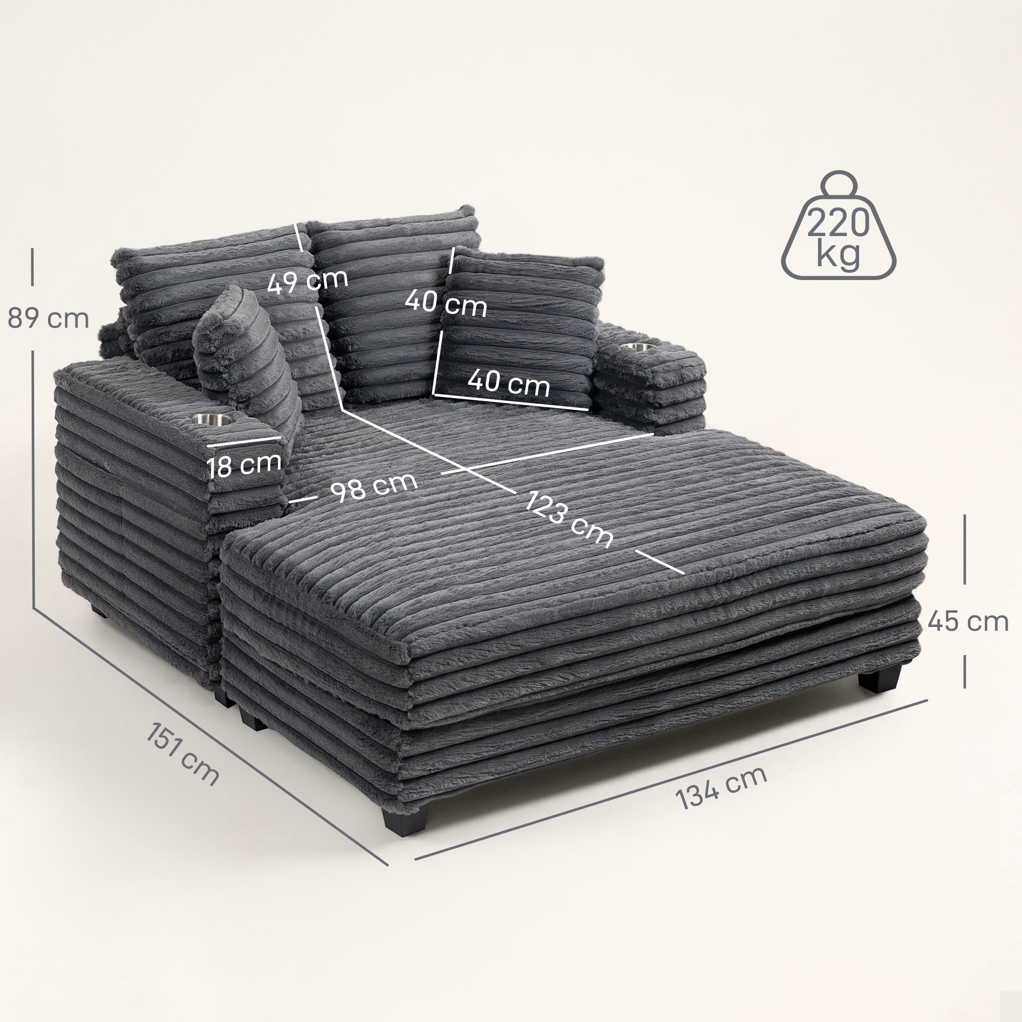 2-Seater Sofa Bed with Chaise, Gray Corduroy, Throw Pillows, Armrests & Cup Holders – 53" x 59"