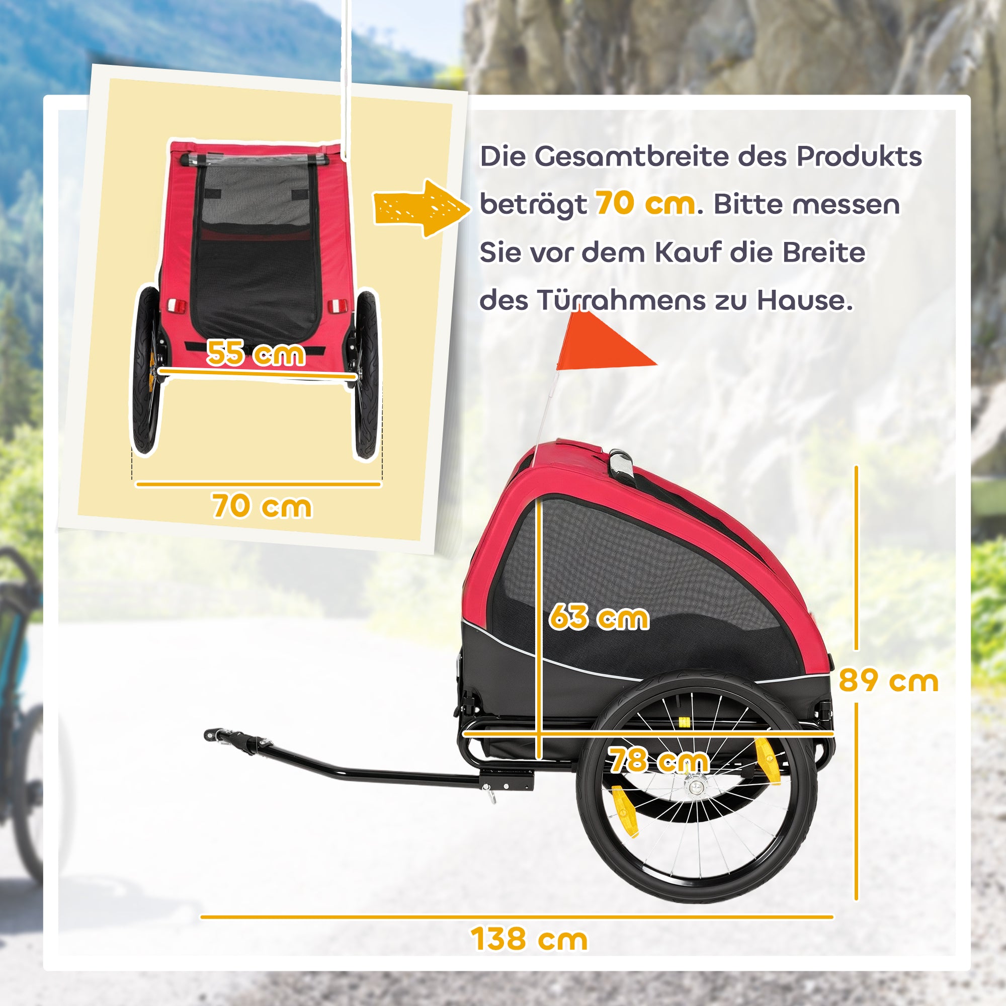 Foldable Dog Bike Trailer with Reflectors, Mesh Windows, Wheels, Door & Safety Flag — Red (up to 44 lb)
