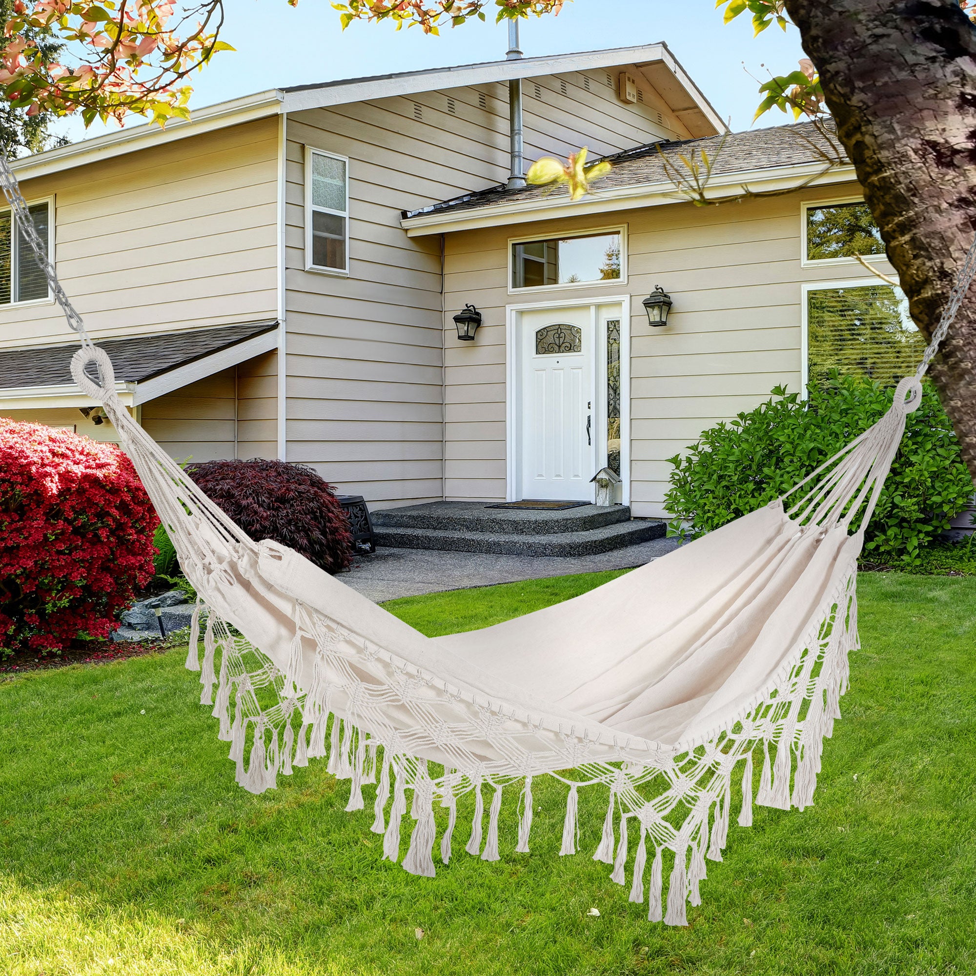Portable Bohemian Chic Travel Hammock Hammock Fabric total dimensions 2.88L x 1.5W m Cotton Polyester Beige