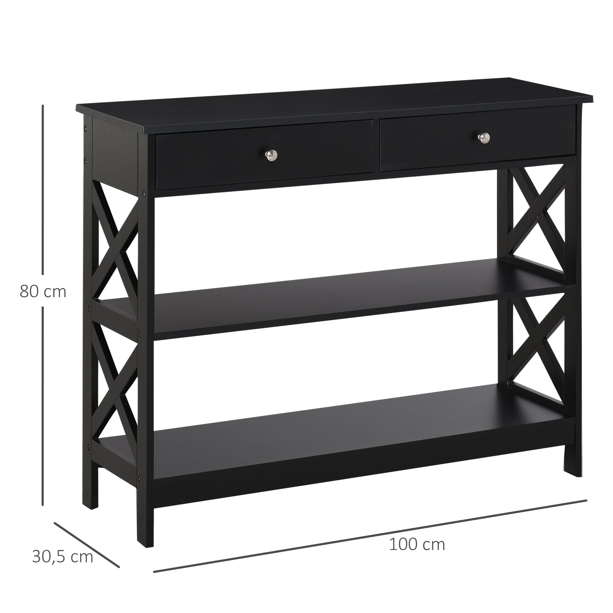 Entryway Console Table with 2 Drawers and 2 Lower Shelves Modern Furniture Raised Base Anti-Tip 100x30.5x80 cm Black