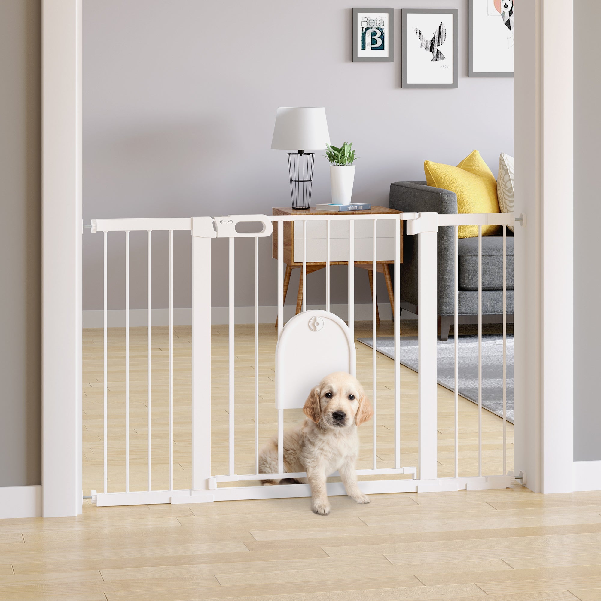 Pet Safety Gate Stair Gate Dog Pet Barrier Safety Gate for Pet Pet Gate Clamp Mount Steel White 75-131 x 76 cm