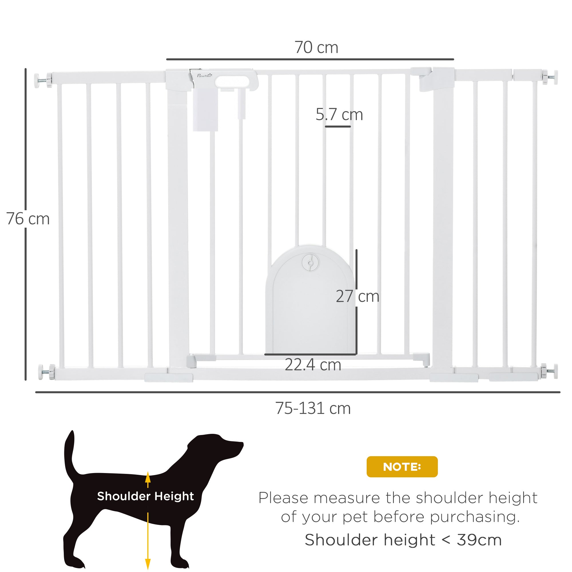 Pet Safety Gate Stair Gate Dog Pet Barrier Safety Gate for Pet Pet Gate Clamp Mount Steel White 75-131 x 76 cm