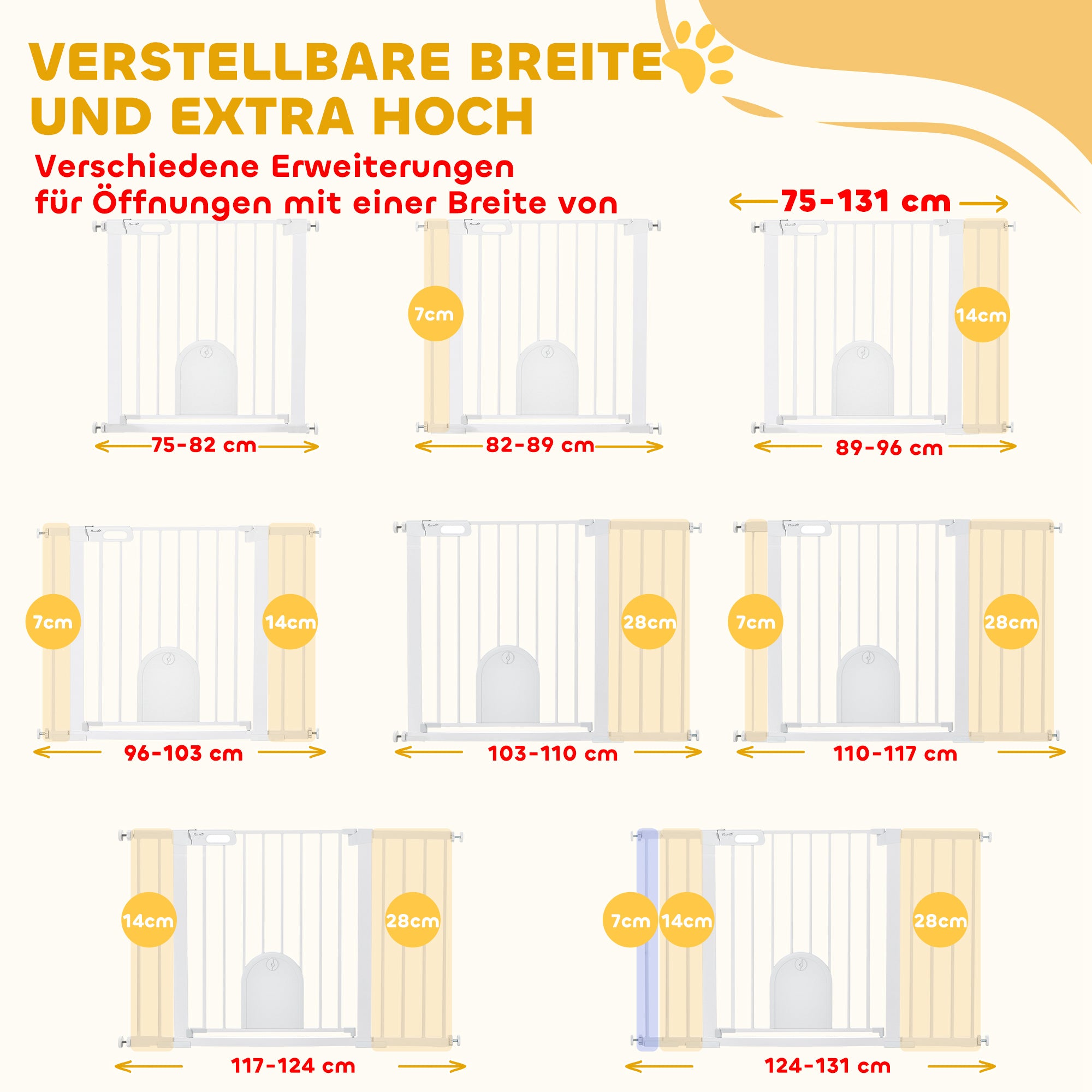 Pet Safety Gate Stair Gate Dog Pet Barrier Safety Gate for Pet Pet Gate Clamp Mount Steel White 75-131 x 76 cm