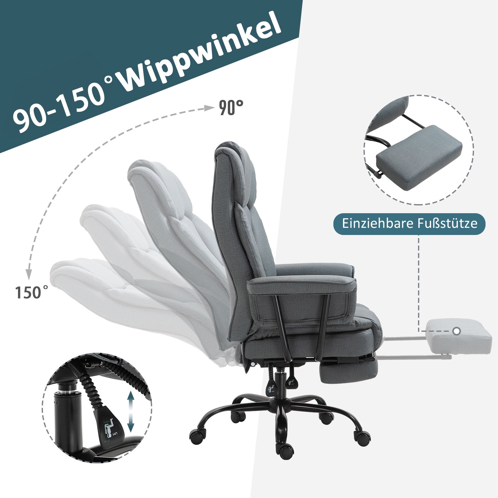 Office Chair Ergonomic Executive Chair 360° Swivel Computer Chair Height Adjustable with Headrest and Padded Armrests with Footrest Faux Leather 68 x 80 x 120-126 cm