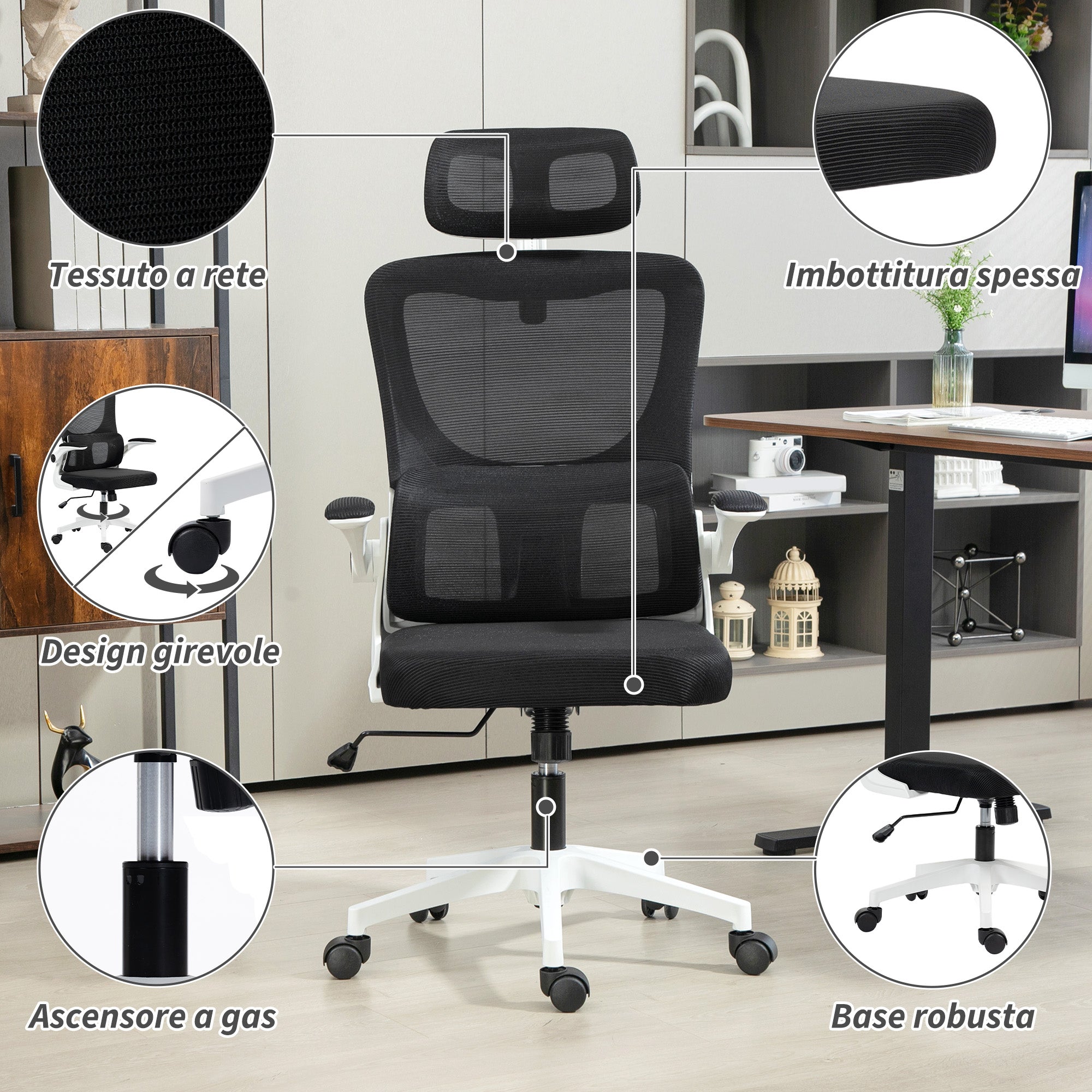Ergonomic Office Chair with Lumbar Support, Foldable Armrests, Adjustable Headrest, Swivel Tiltable Desk Chair with High Backrest, Height Adjustable Mesh Chair, Black