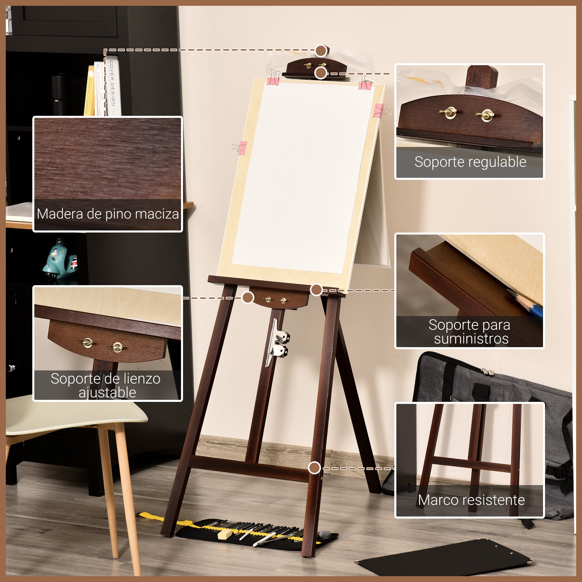 Wooden Painting Easel Drawing Easel with Adjustable 75° Angle Tripod Stand and Brush for Canvases 51.5x71.5x134.5 cm Brown