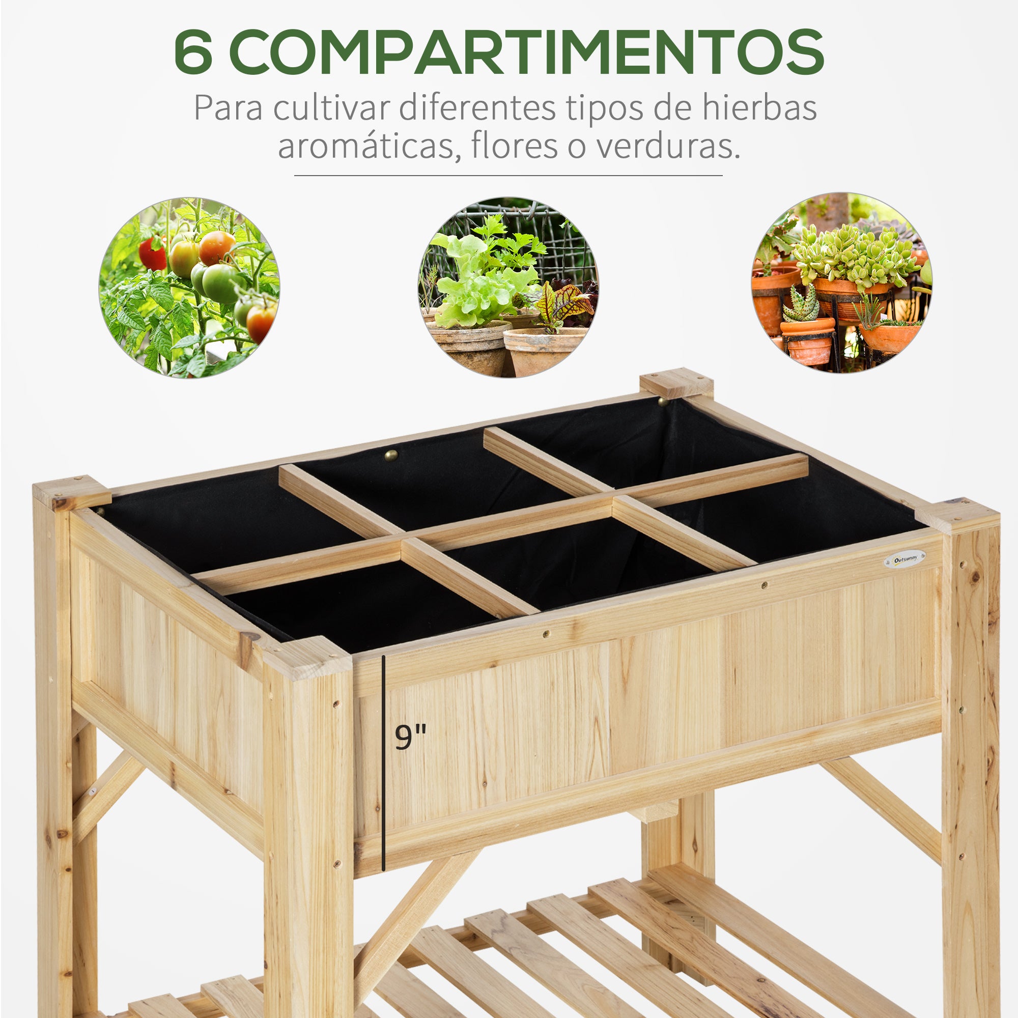 Wooden Urban Garden 78.5x58x81 cm Planter Table with 6 Compartments and Lower Shelf for Plants Flowers in Garden Terrace Outdoor Natural Color