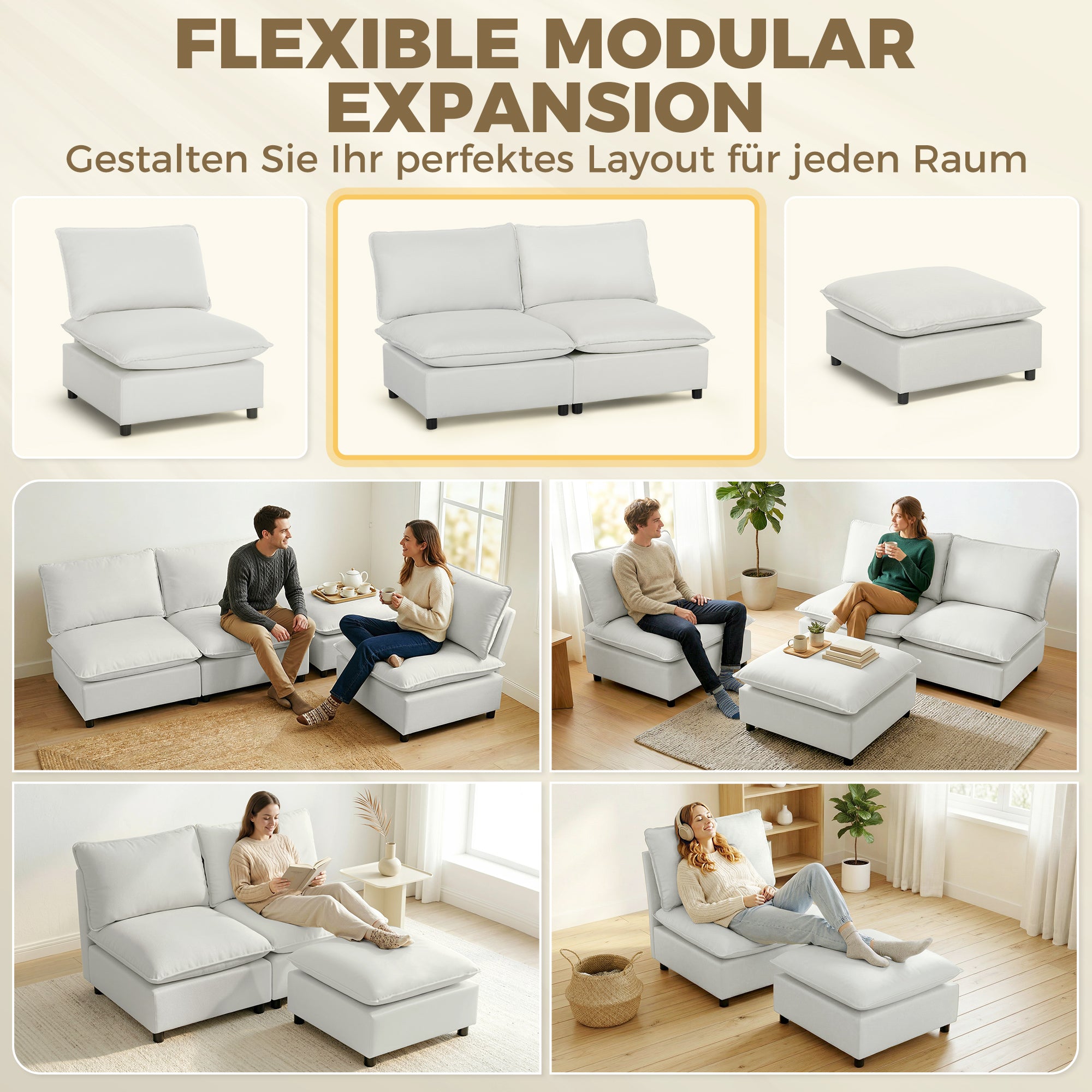 2‑Seater Faux Leather Modular Sofa, 57.5 in, Deep Seat Upholstered Loveseat for Small Spaces, Gray