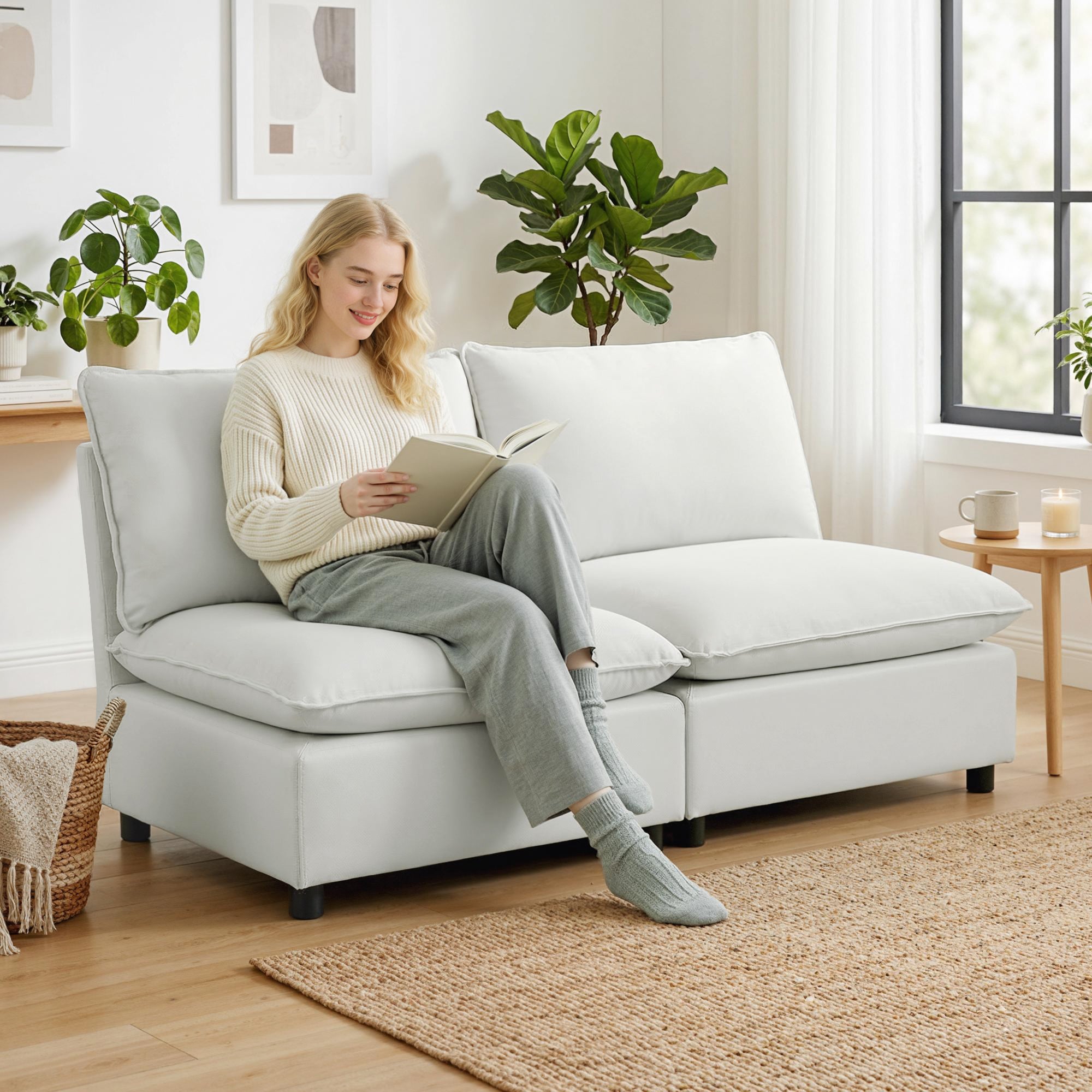 2‑Seater Faux Leather Modular Sofa, 57.5 in, Deep Seat Upholstered Loveseat for Small Spaces, Gray