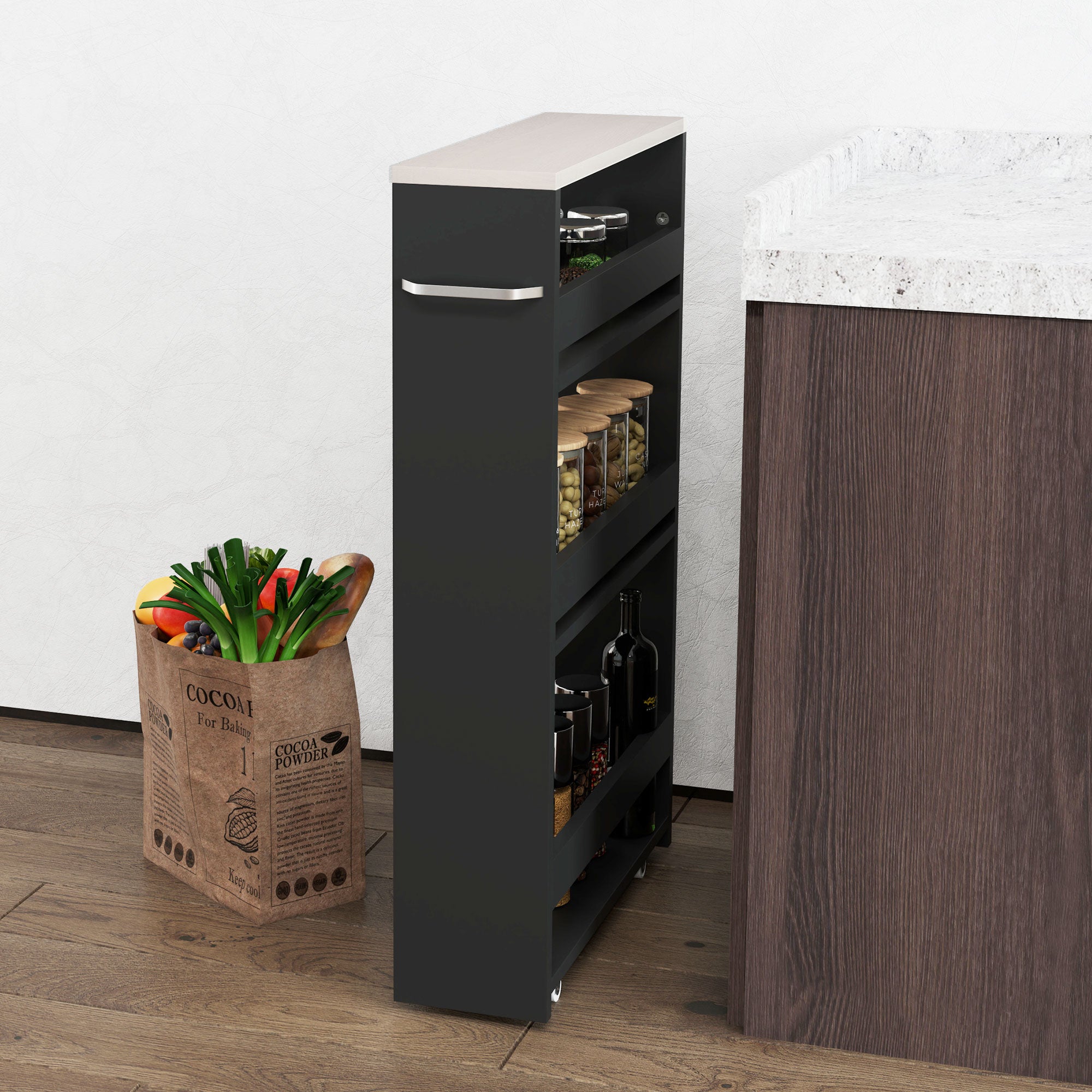 3-Tier Storage Cart Storage Shelf on Wheels for Narrow Kitchen Bathroom Laundry Office with Handle - 48 x 15 x 80 cm Black