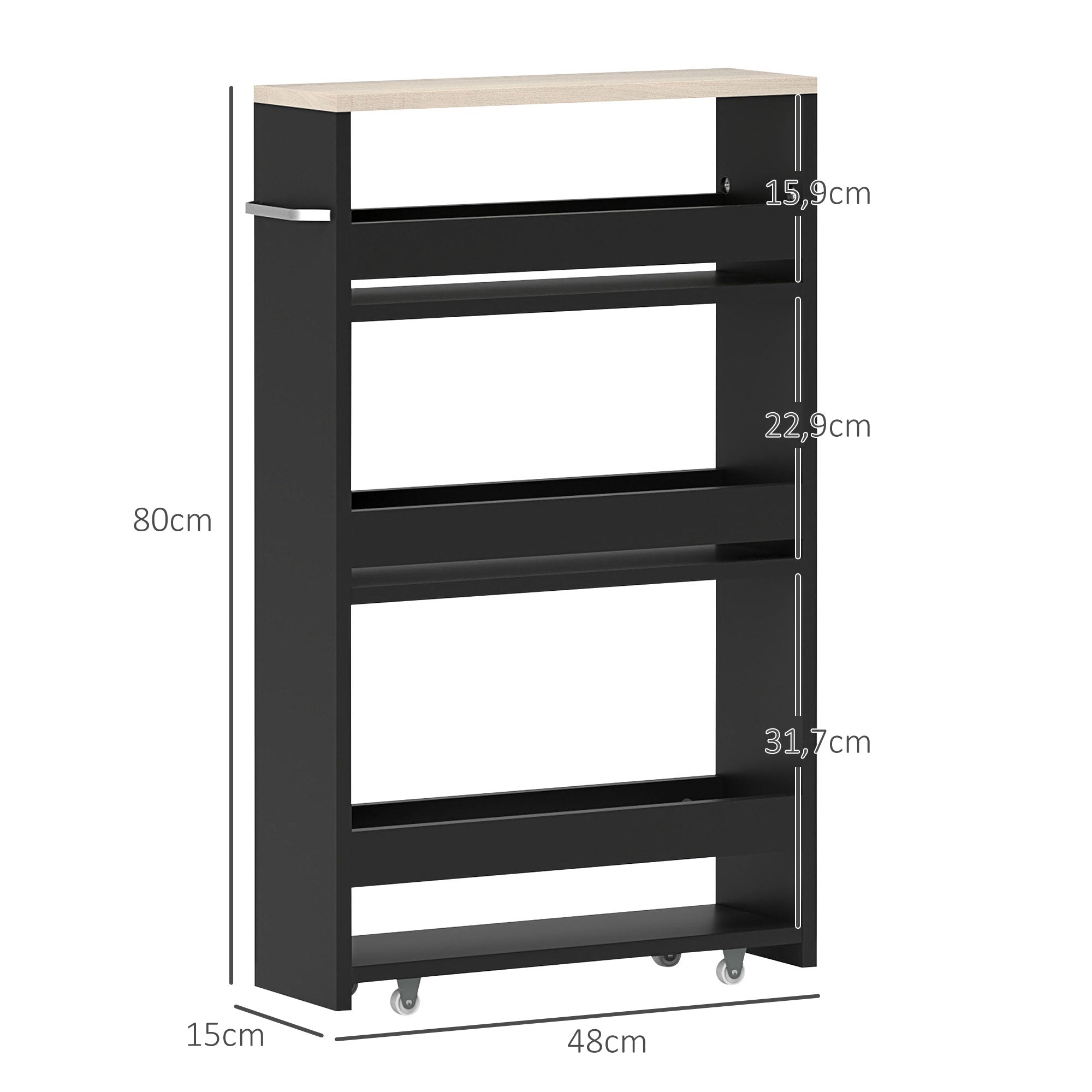 3-Tier Storage Cart Storage Shelf on Wheels for Narrow Kitchen Bathroom Laundry Office with Handle - 48 x 15 x 80 cm Black