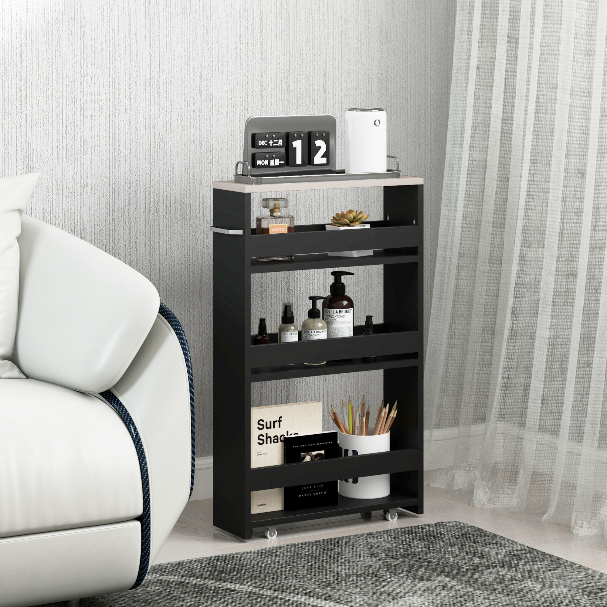 3-Tier Storage Cart Storage Shelf on Wheels for Narrow Kitchen Bathroom Laundry Office with Handle - 48 x 15 x 80 cm Black