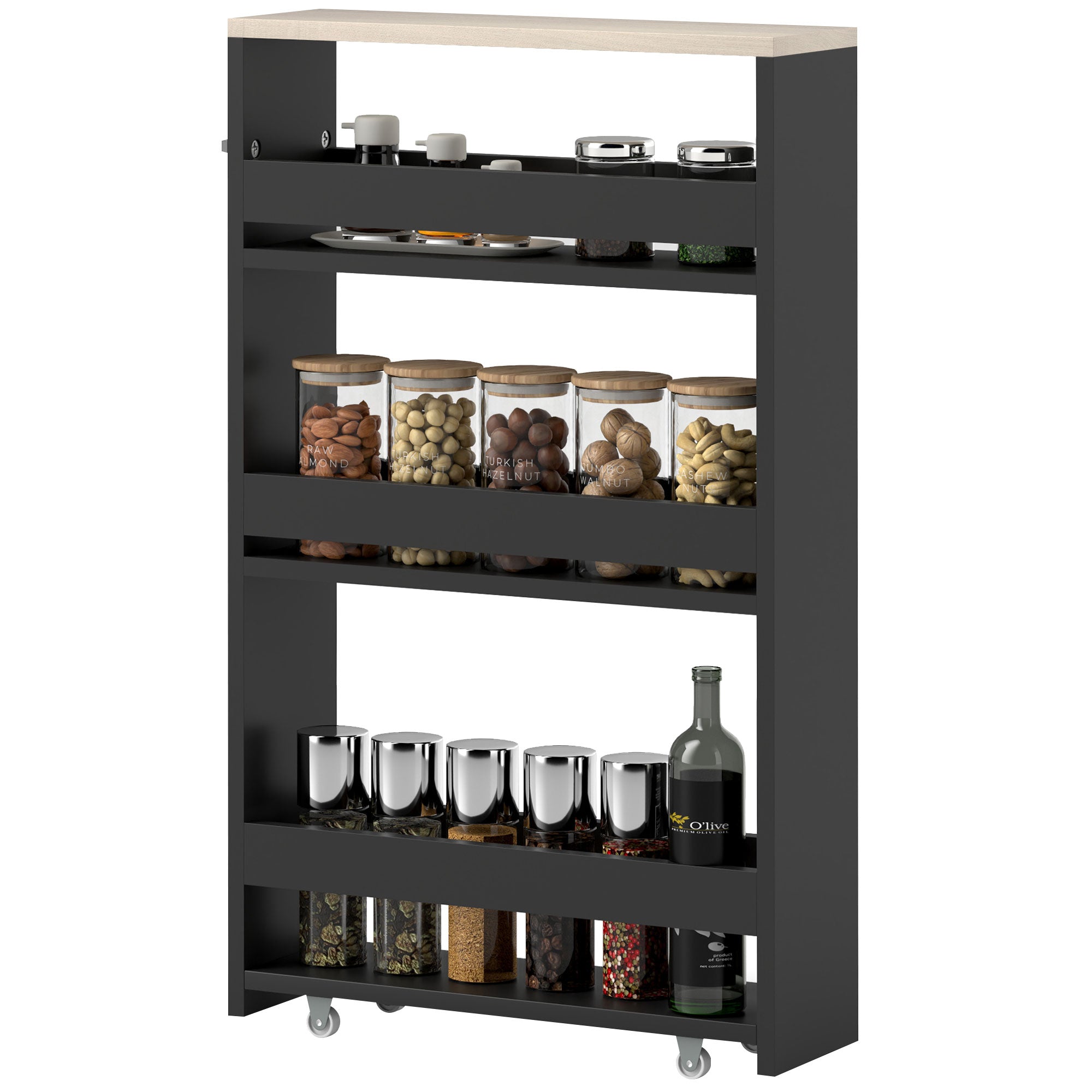 3-Tier Storage Cart Storage Shelf on Wheels for Narrow Kitchen Bathroom Laundry Office with Handle - 48 x 15 x 80 cm Black