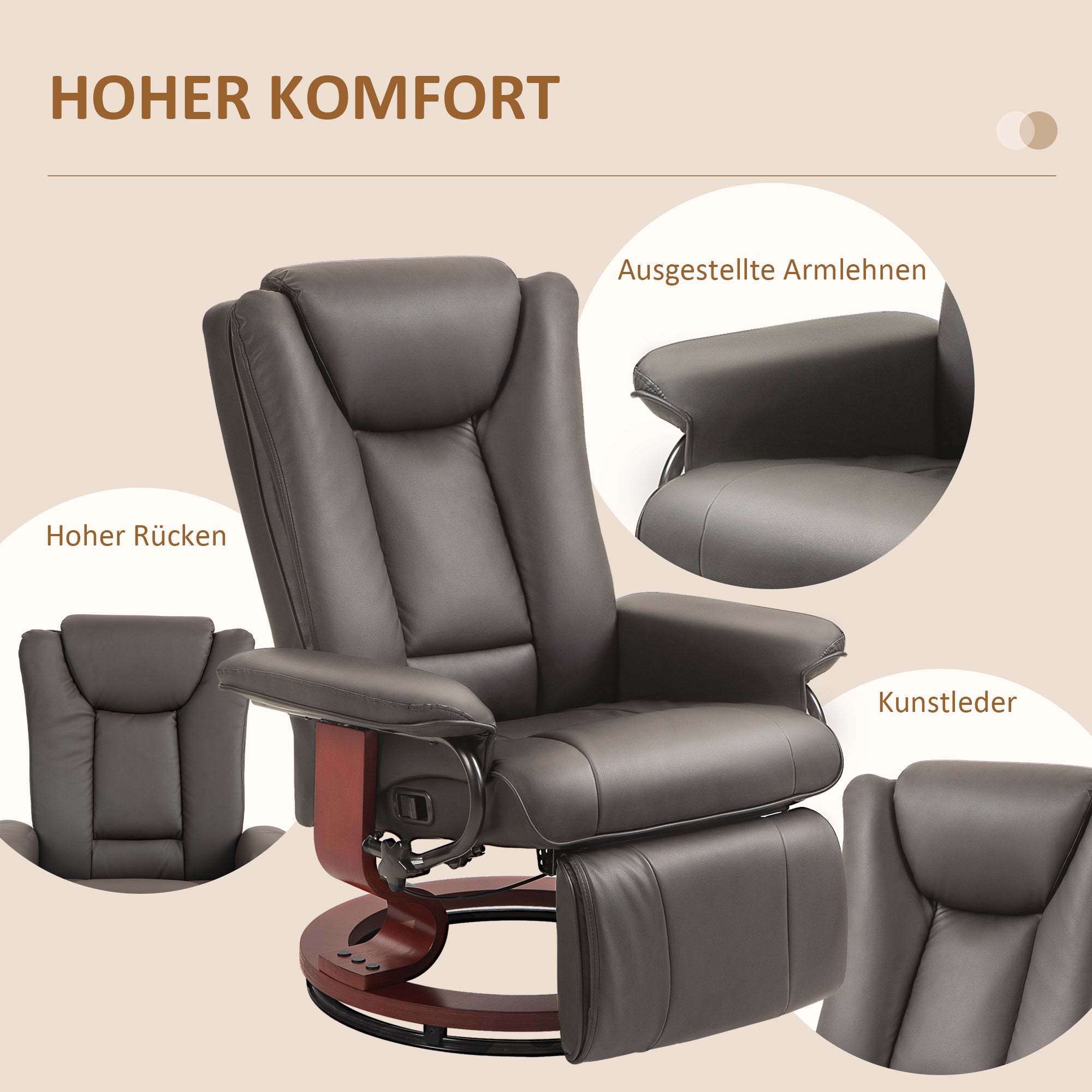 Reclining Armchair TV Armchair with Reclining Function, Swivel Recliner TV Armchair with Adjustable Backrest Recliner up to 150 kg Load Capacity, Artificial Leather, Brown