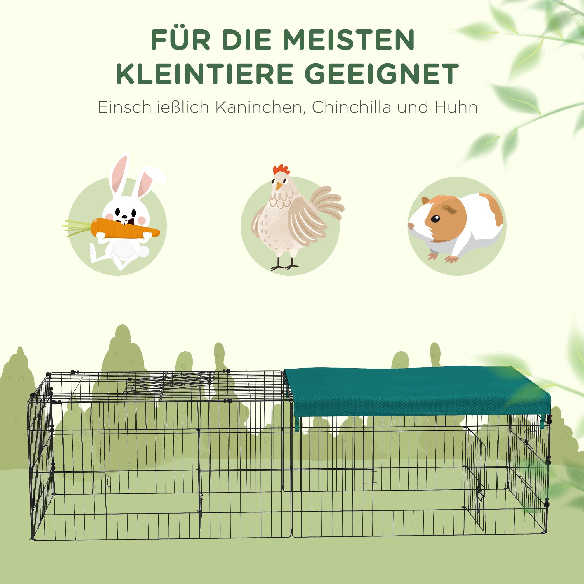 Small Animal Cage, Pet Playpen with 5 Doors, Rabbit Hutch, Small Animal Playpen with Roof, for Outdoor, 185 x 75 x 50 cm, Green