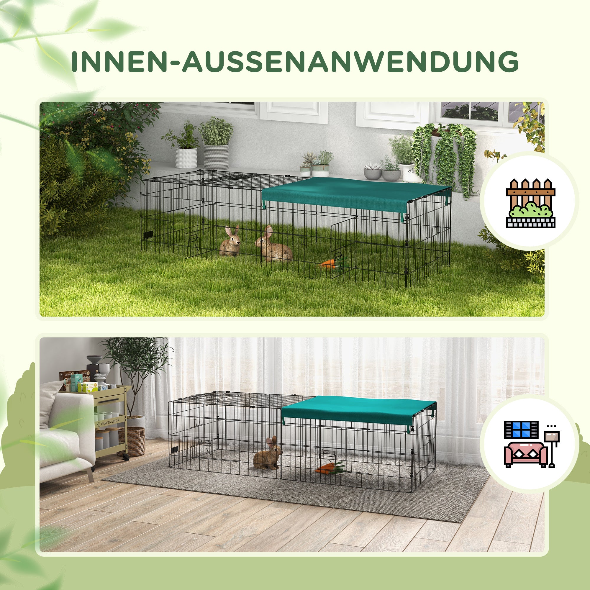 Small Animal Cage, Pet Playpen with 5 Doors, Rabbit Hutch, Small Animal Playpen with Roof, for Outdoor, 185 x 75 x 50 cm, Green