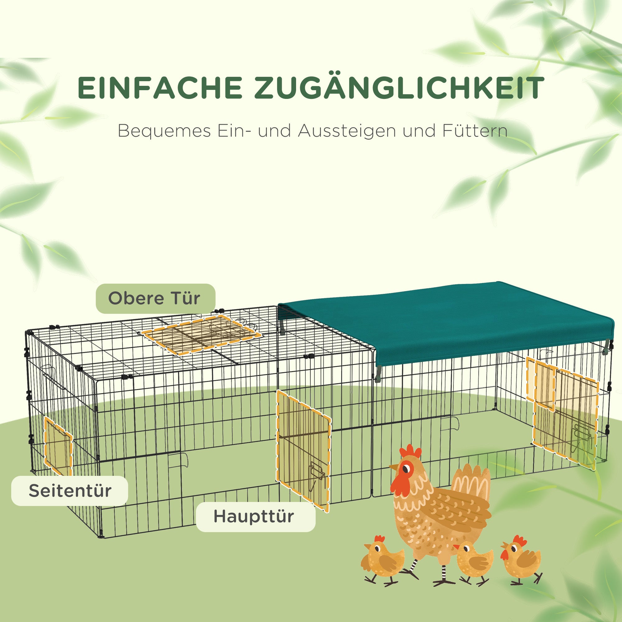 Small Animal Cage, Pet Playpen with 5 Doors, Rabbit Hutch, Small Animal Playpen with Roof, for Outdoor, 185 x 75 x 50 cm, Green