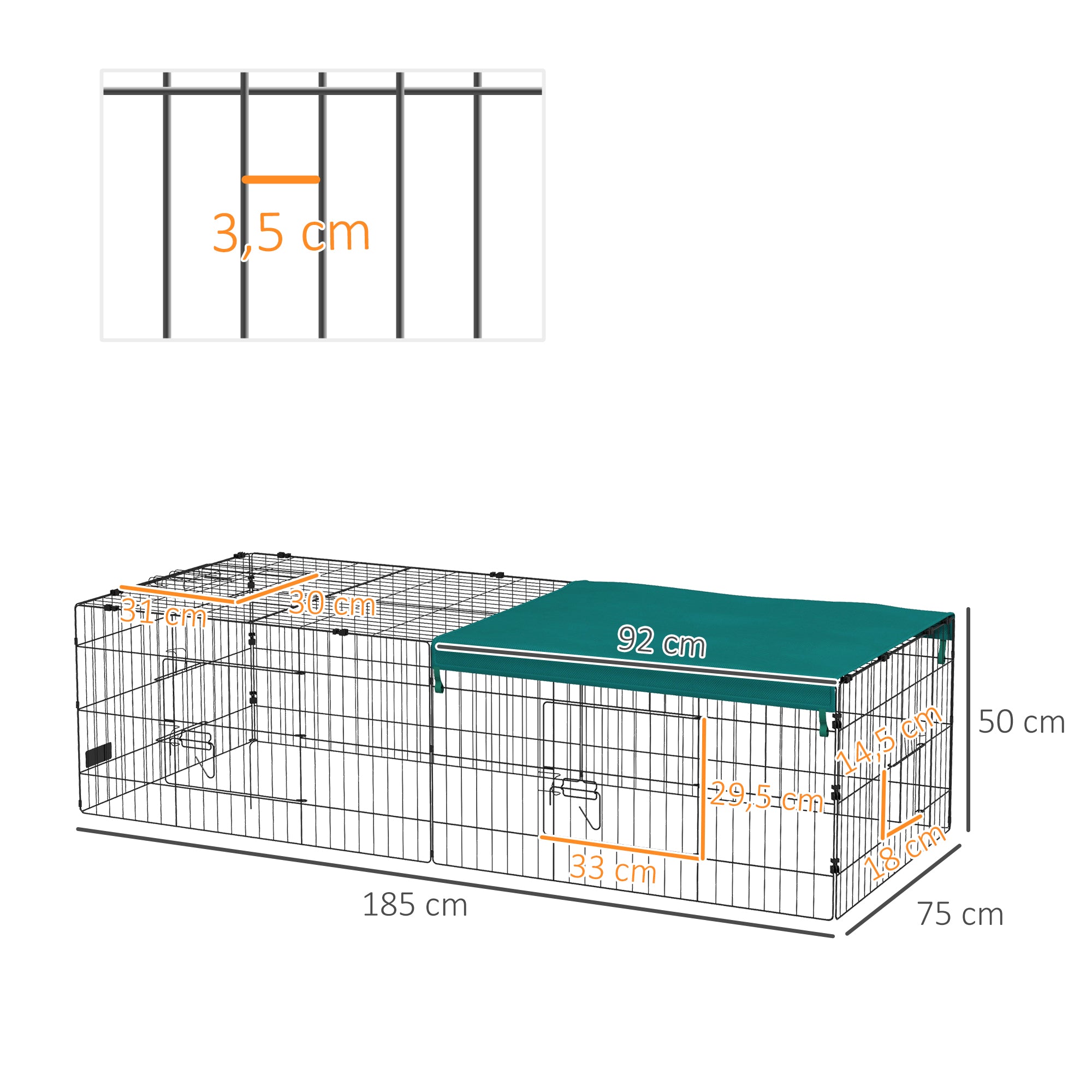 Small Animal Cage, Pet Playpen with 5 Doors, Rabbit Hutch, Small Animal Playpen with Roof, for Outdoor, 185 x 75 x 50 cm, Green