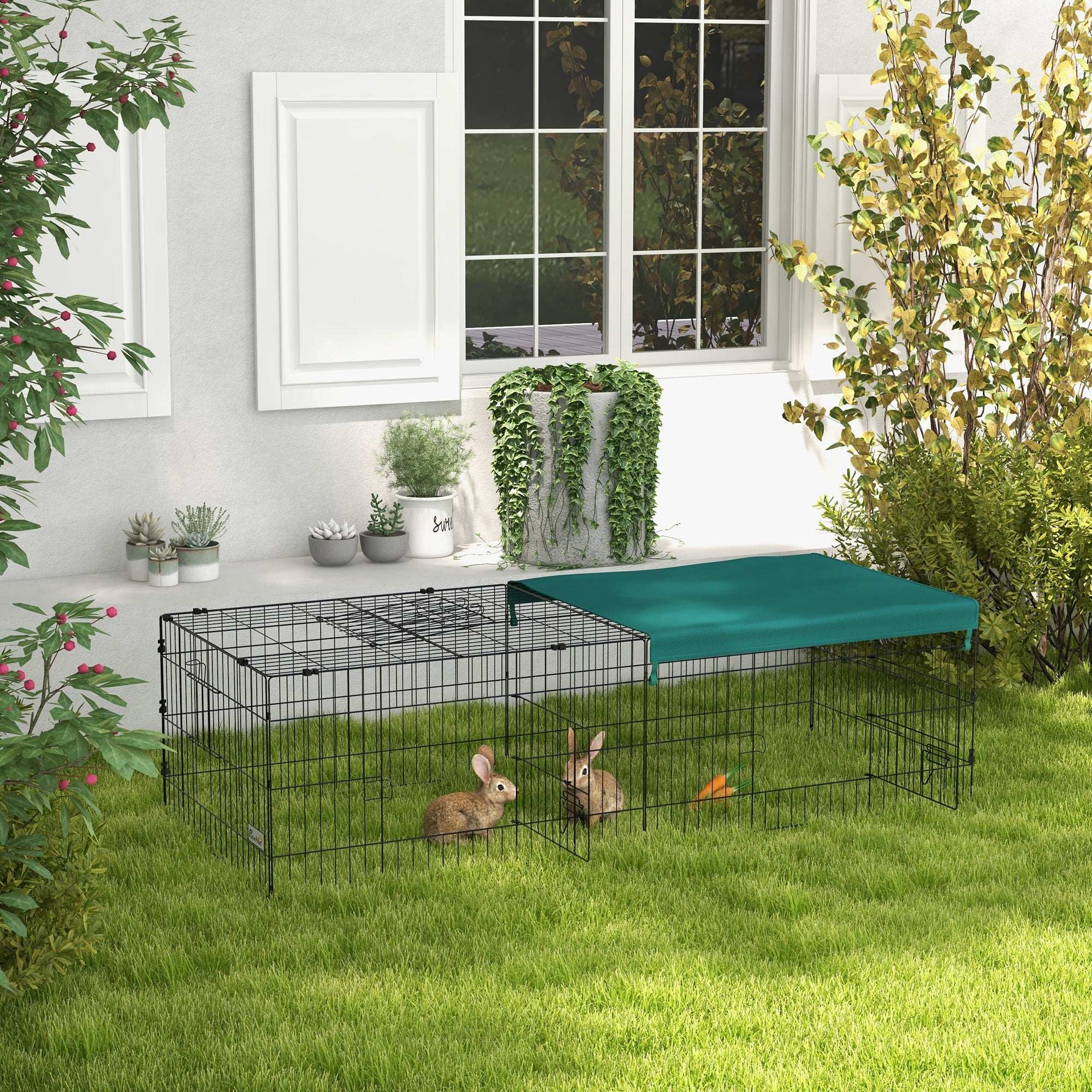 Small Animal Cage, Pet Playpen with 5 Doors, Rabbit Hutch, Small Animal Playpen with Roof, for Outdoor, 185 x 75 x 50 cm, Green