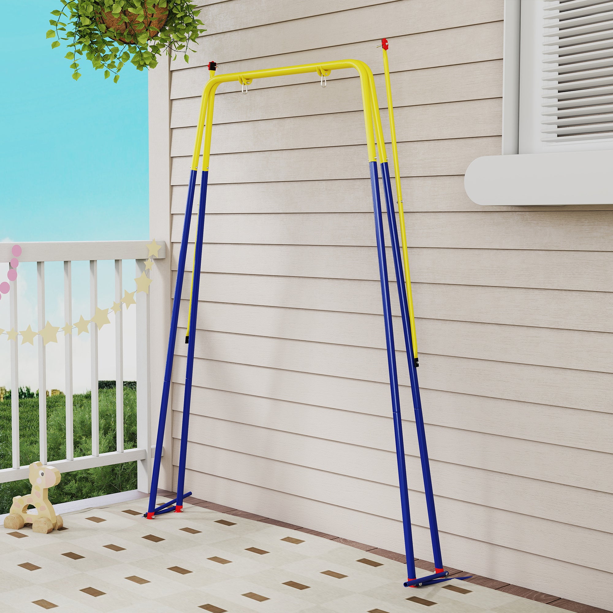 Folding Children's Swing Frame — Metal A-Frame for 1 Swing, 2 Hooks, 4 Stakes, Weather-Resistant, 110 lb Capacity, Indoor/Outdoor, 128 x 155 x 157 cm (50.4 x 61.0 x 61.8 in), Blue