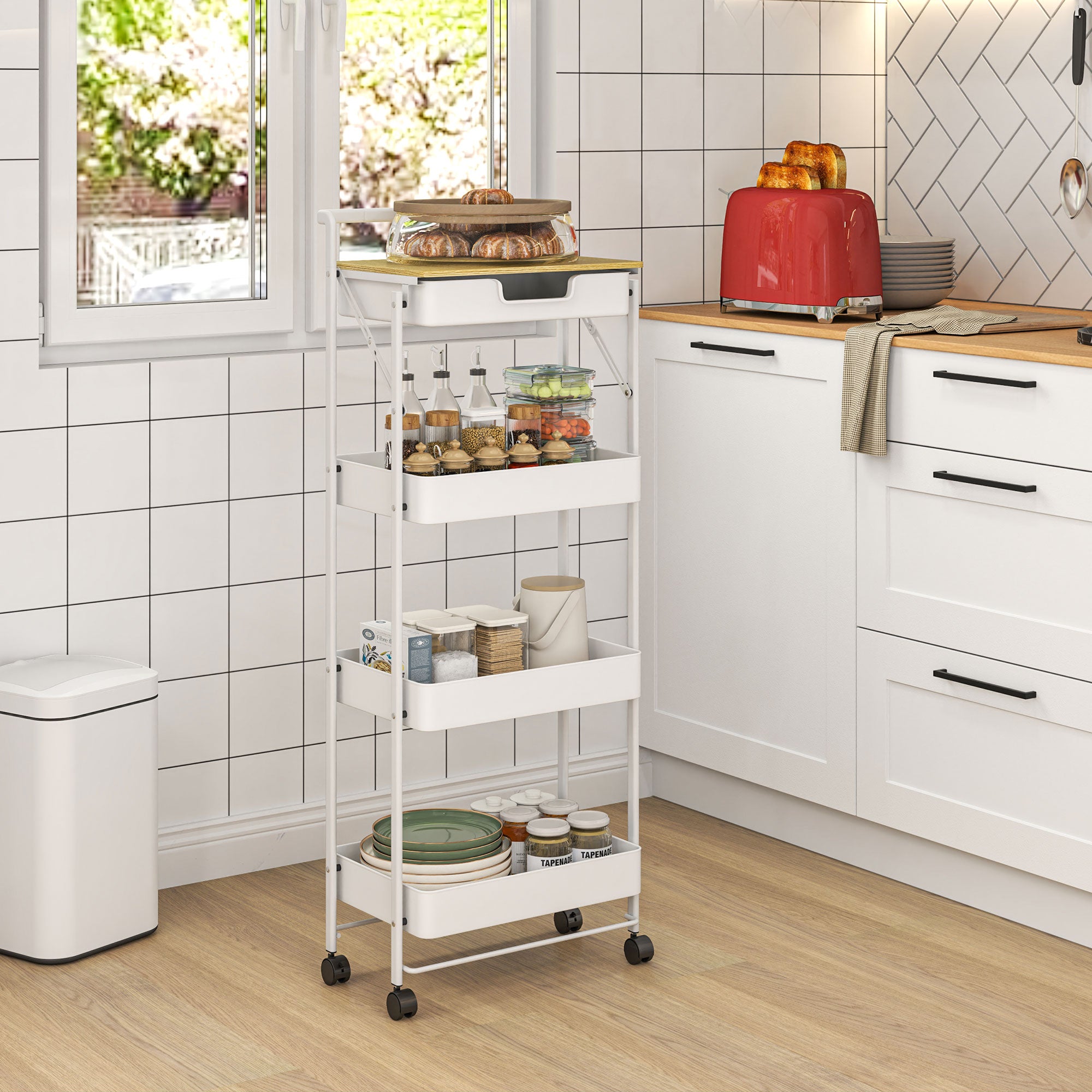 4-Tier Utility Cart with Wheels Kitchen Cart with 1 Drawer and 3 Baskets Organizer Cart for Bedroom Living Room Office White