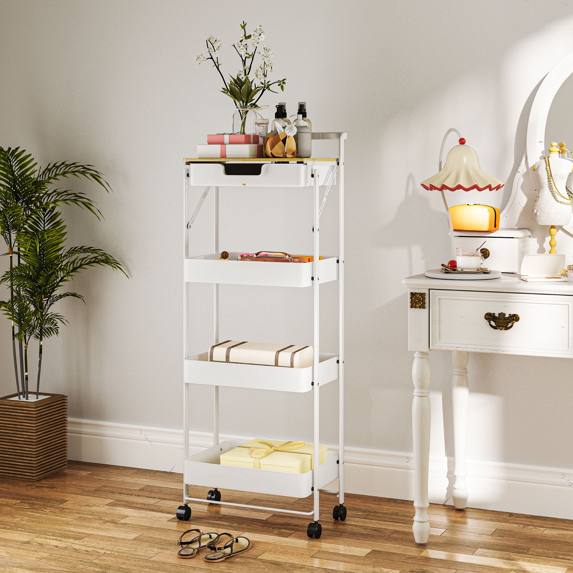 4-Tier Utility Cart with Wheels Kitchen Cart with 1 Drawer and 3 Baskets Organizer Cart for Bedroom Living Room Office White