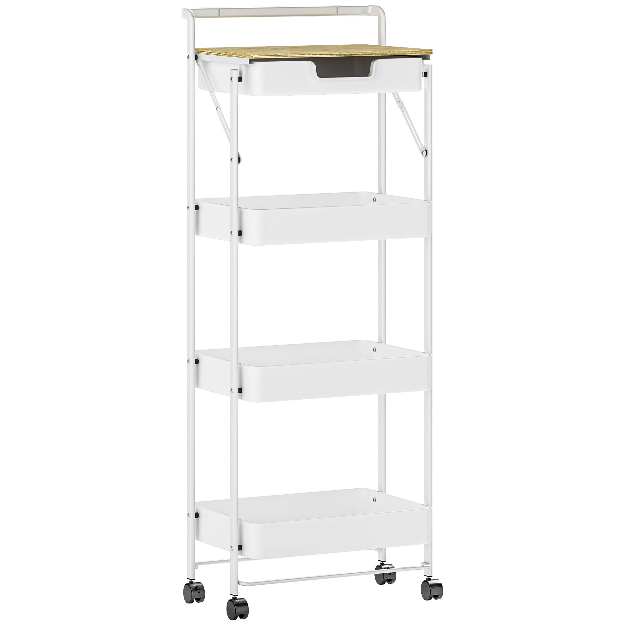 4-Tier Utility Cart with Wheels Kitchen Cart with 1 Drawer and 3 Baskets Organizer Cart for Bedroom Living Room Office White