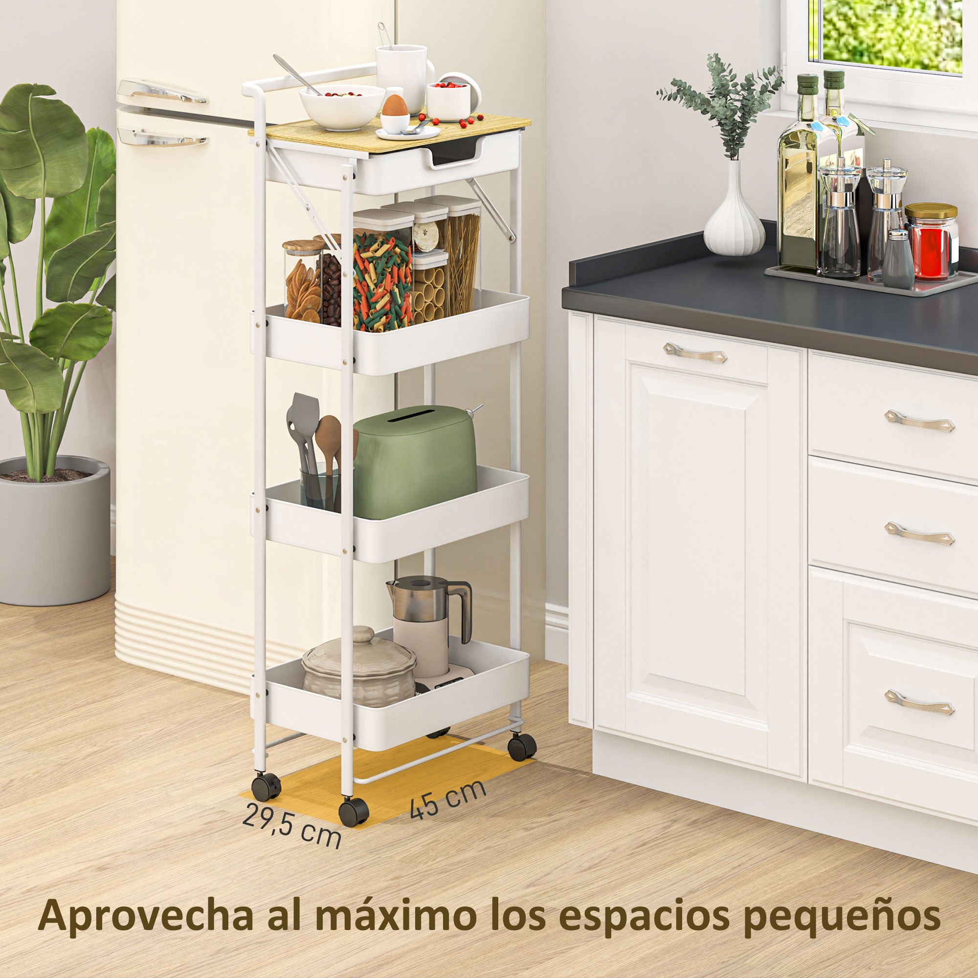 4-Tier Utility Cart with Wheels Kitchen Cart with 1 Drawer and 3 Baskets Organizer Cart for Bedroom Living Room Office White
