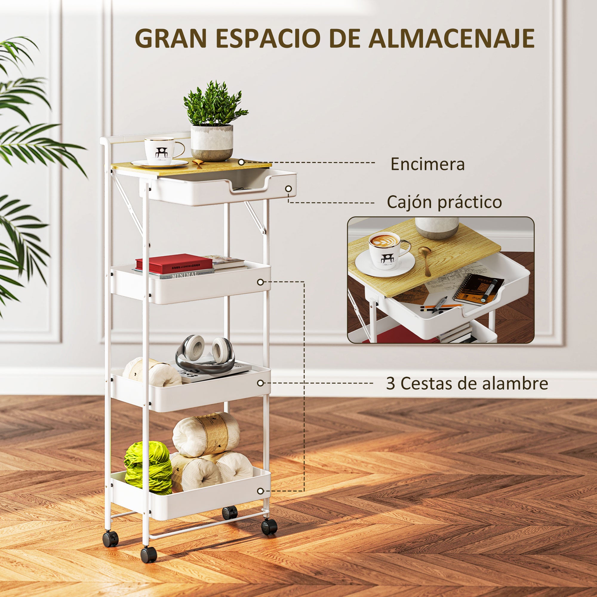 4-Tier Utility Cart with Wheels Kitchen Cart with 1 Drawer and 3 Baskets Organizer Cart for Bedroom Living Room Office White