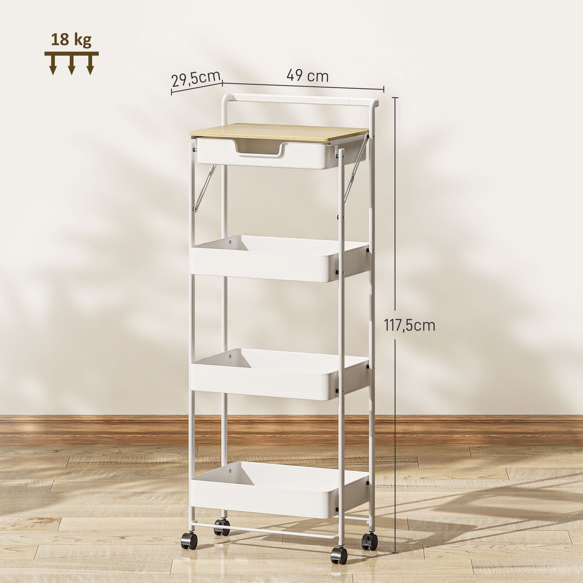 4-Tier Utility Cart with Wheels Kitchen Cart with 1 Drawer and 3 Baskets Organizer Cart for Bedroom Living Room Office White