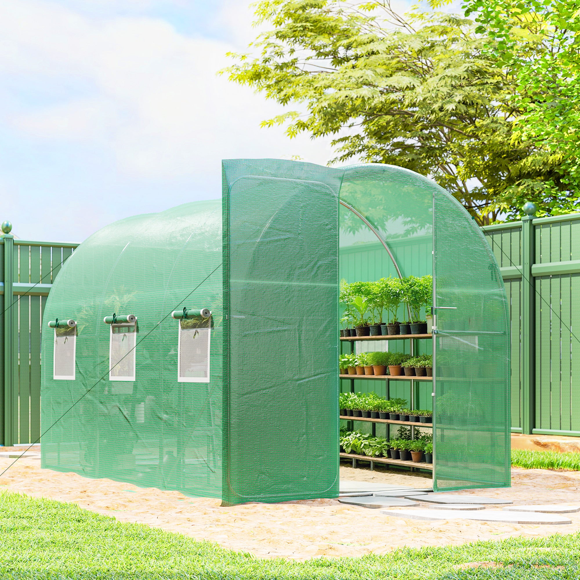 2 x 3 m (200 x 300 x 200 cm) Tunnel Garden Greenhouse — Galvanized Steel Frame, Hinged Door & 8 Roll-Up Mesh Windows, 140 gsm PE Cover, Green